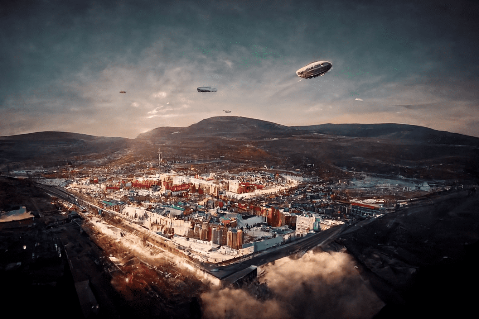 a big zeppelin flying above Magadan city, Ultra-Wide Angle, Drone Footage, intricate, high detail, cinematic lighting, hyper-realistic