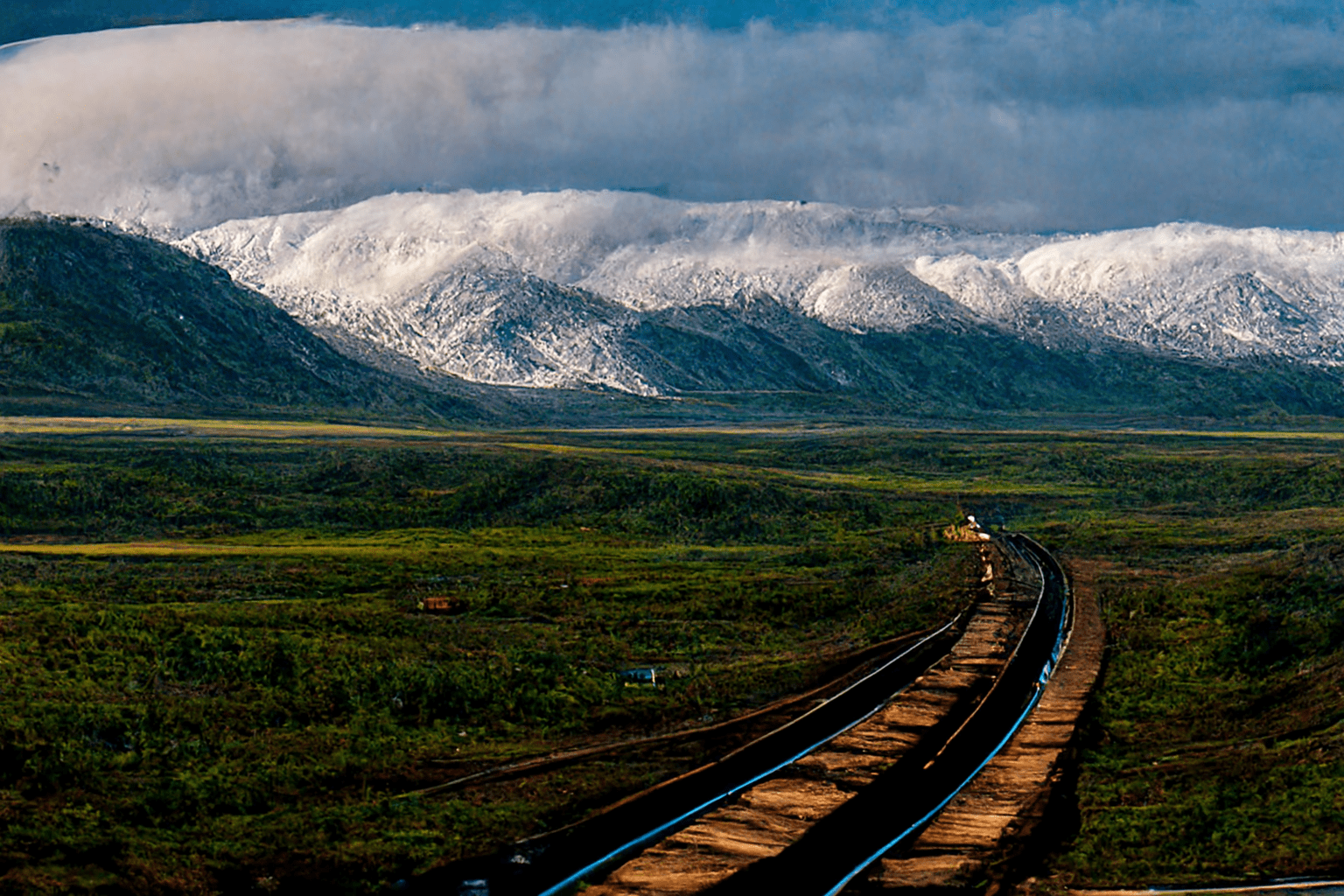 a train moving through tundra, magadan region, snow and mountains around, ultra wide shot