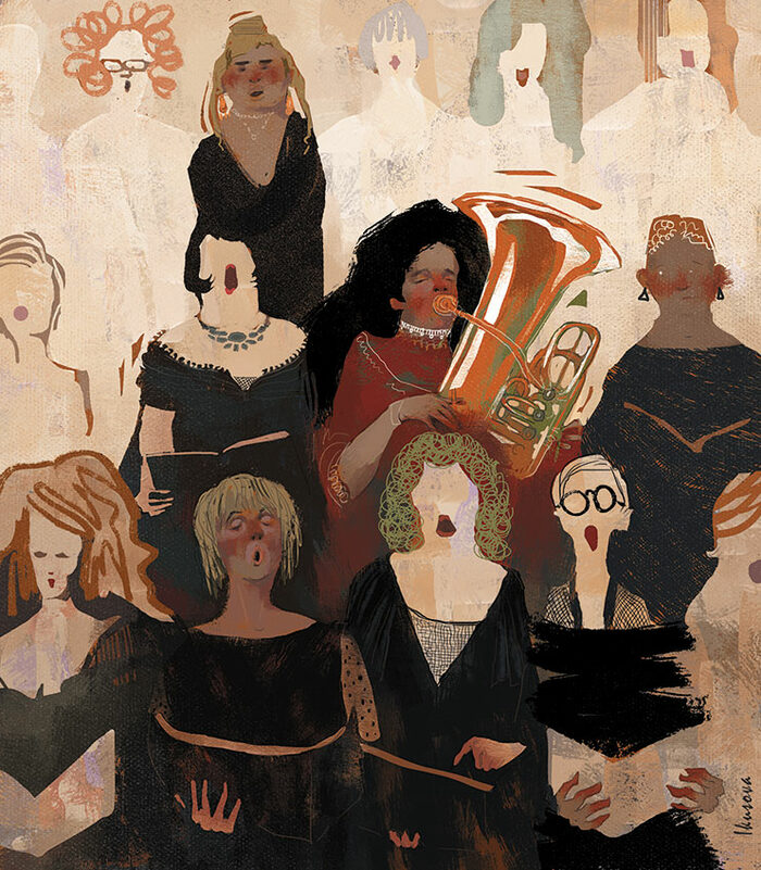 choir tuba music women woman dark hair nastya ikusova singer sing sngers glasses play player tubist red black biege хор поют играет туба