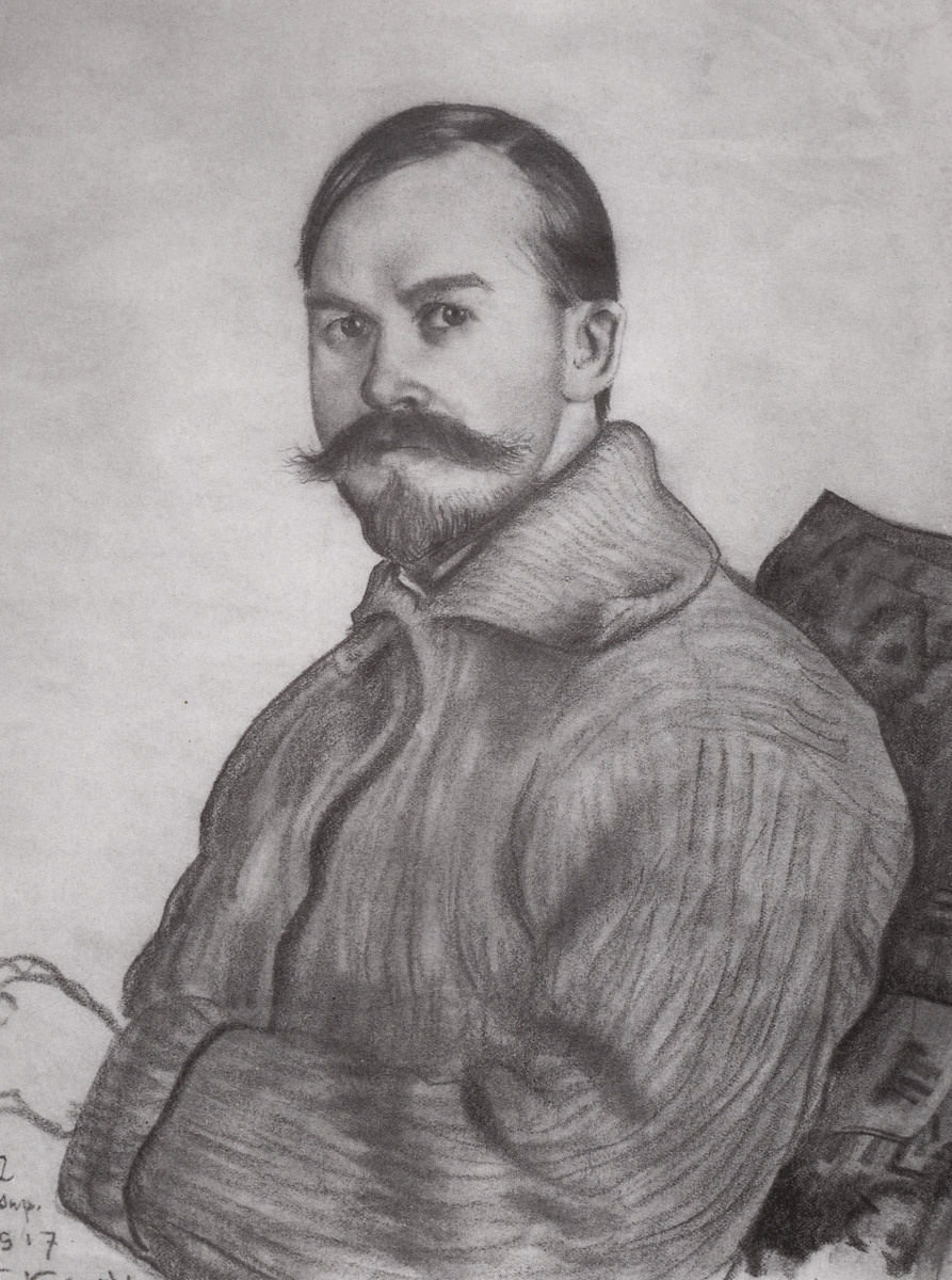 Б. М. Кустодиев. Автопортрет, 1917. Бумага, сангина, графитный карандаш 26.8×20 см. Государственная Третьяковская галерея, Москва
