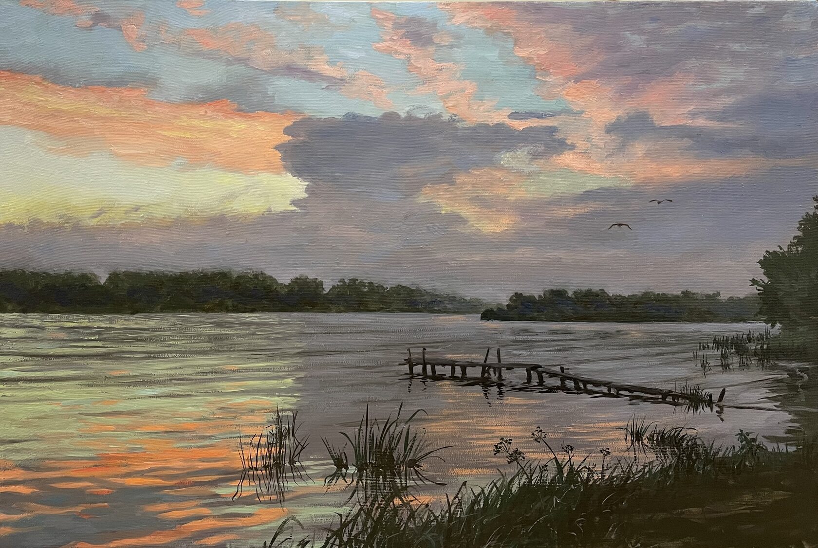 Landscape, oil painting, sunset, sunset on the river, sunset sky, nature, evening landscape, landscape with sunset, art, realism, creativity, interior painting, original artwork, summer landscape.