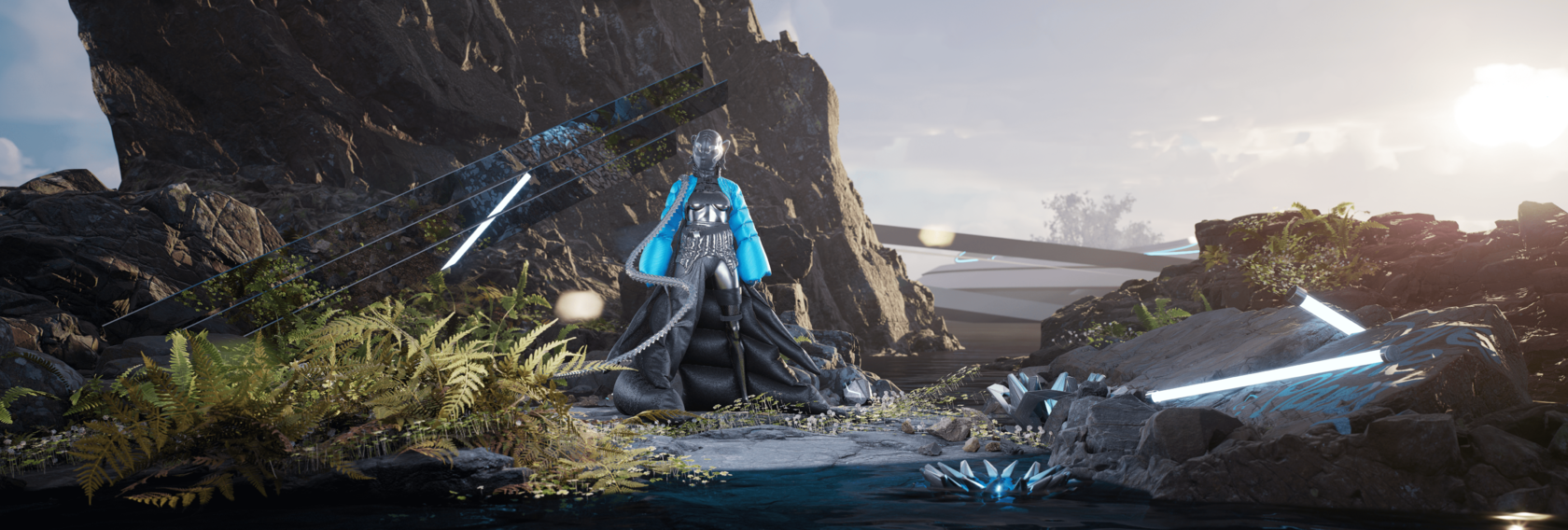 Цифровой аватар в виртуальной одежде стоит в 3D-локации в скалах