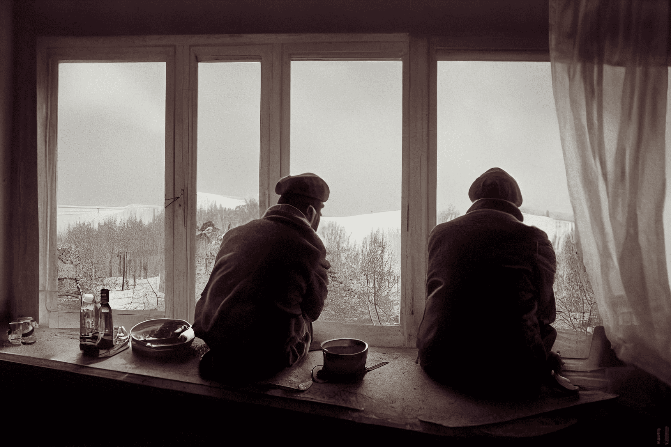 two depressed men sitting inside small kitchen, drinking vodka and discussing politics, soviet grey apartments and mountains in a minuature window in the background, ultrawide shot