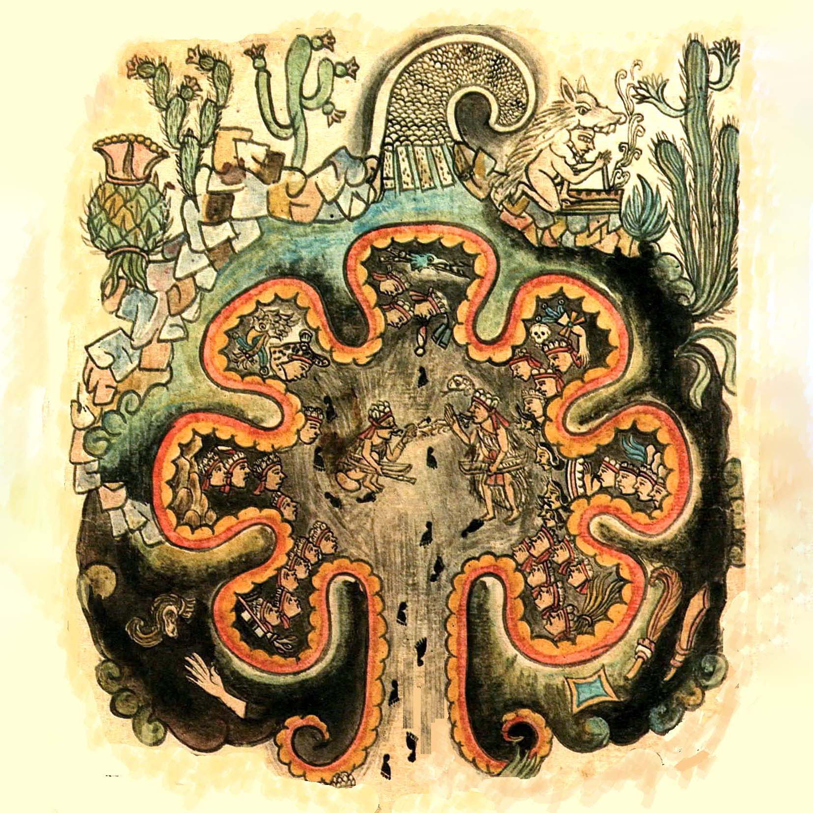 Пещера Чикомосток. Фрагмент из Historia Tolteca-Chichimeca. Коллекция Bibliothèque nationale de France, Paris.