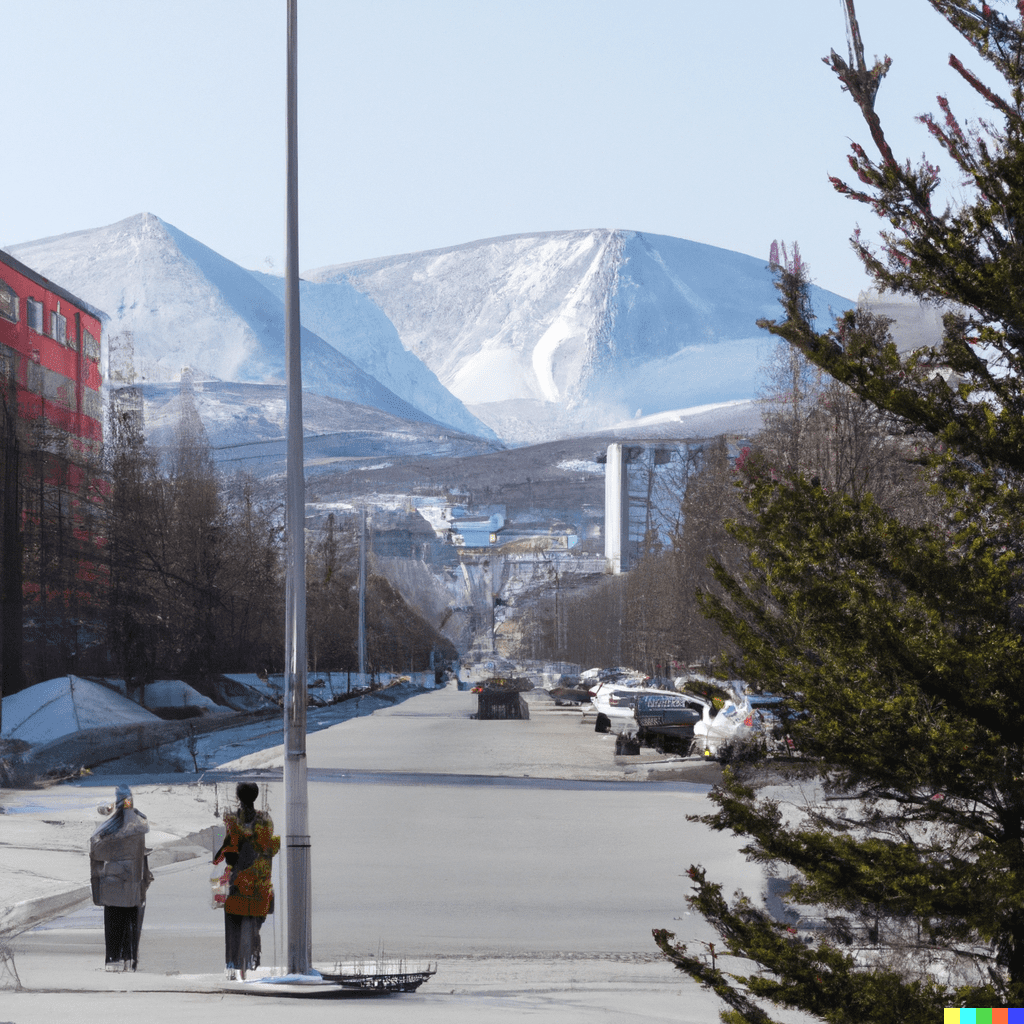 a middle shot of Magadan city, lenina street, people on the street, mountains around, trees, pieter bruegel style
