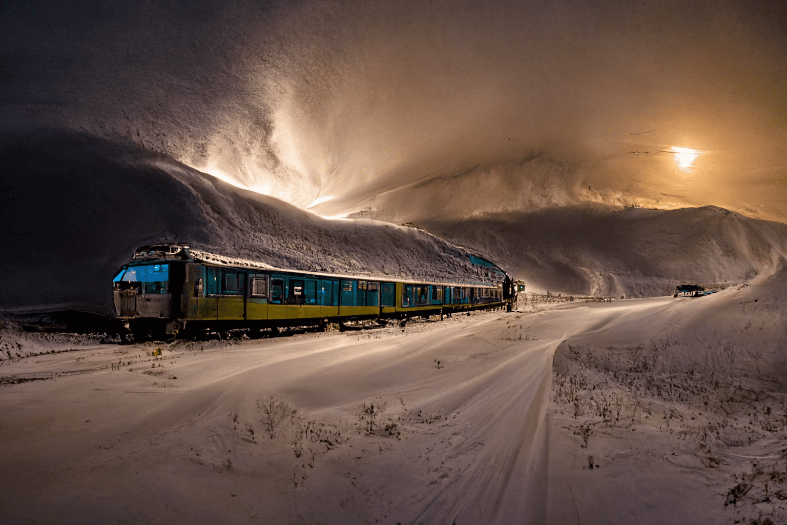 a modern japanese train moving through tundra, magadan region, snow and mountains around, ultra wide shot