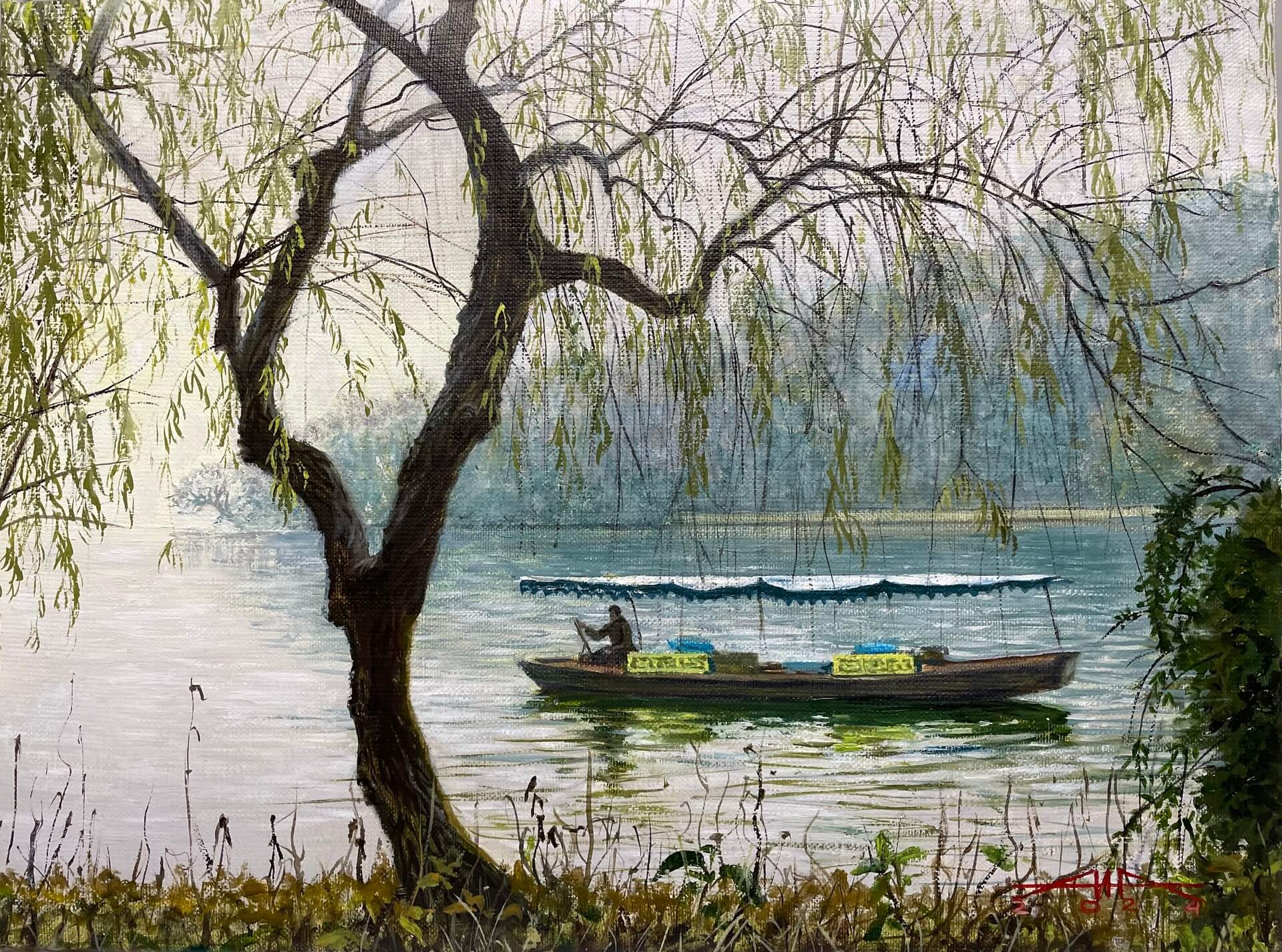 Landscape, oil painting, river, morning, China, nature, landscape with a river, art, realism, creativity, interior painting, original artwork, summer landscape.