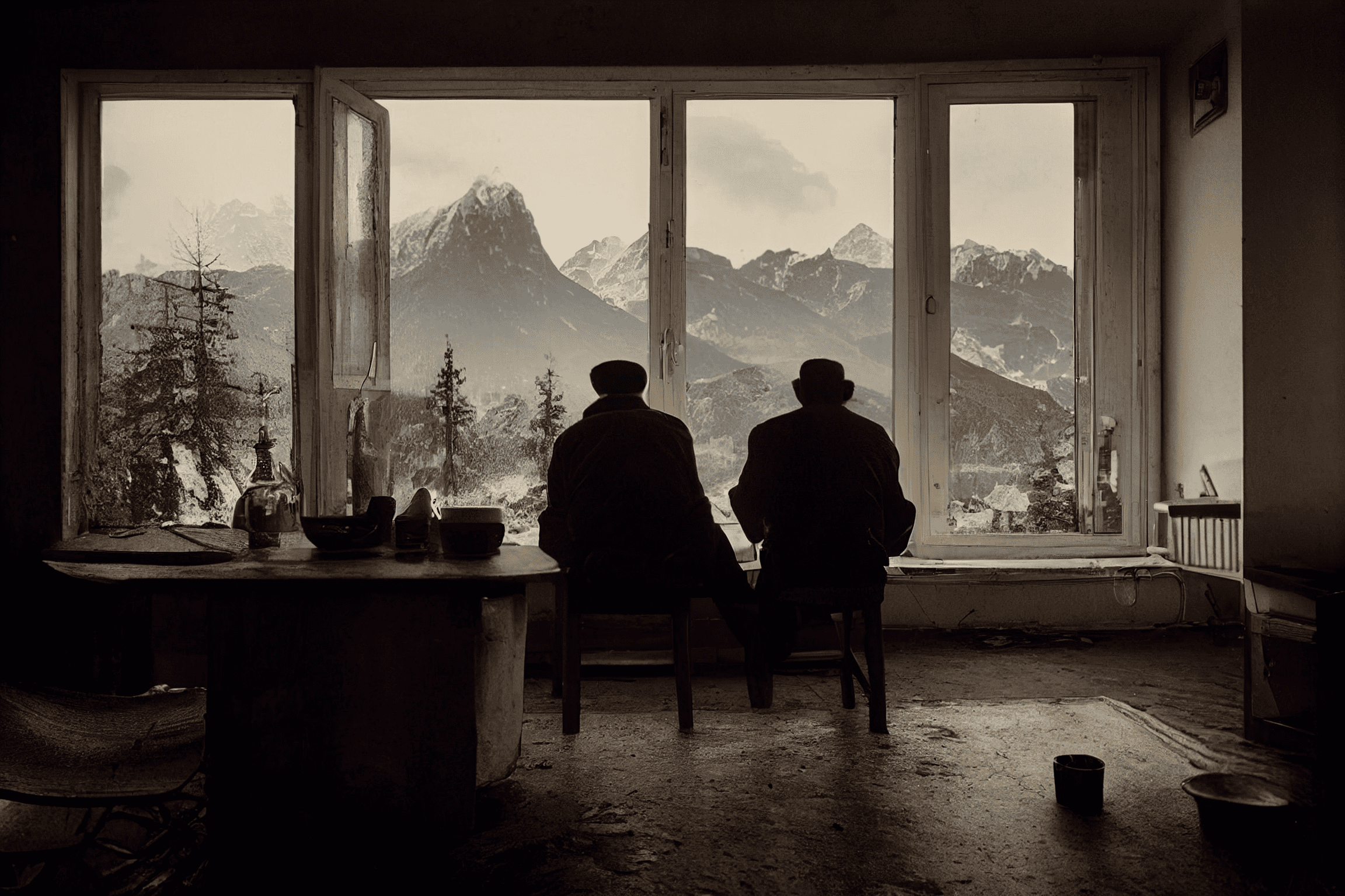 two depressed men sitting inside small kitchen, drinking vodka and discussing politics, soviet grey apartments and mountains in a minuature window in the background, ultrawide shot