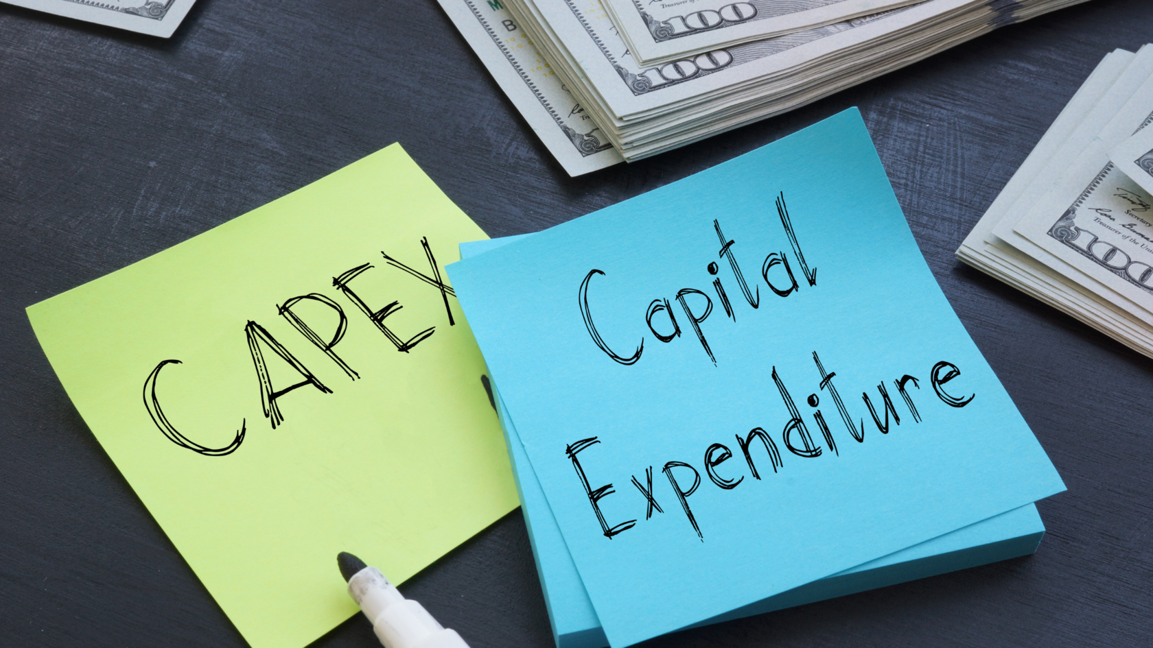 Sticky notes denoting capex financing.
