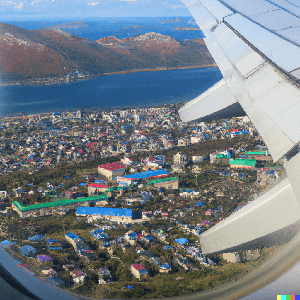 Magadan city from the airplane window, airplane wing seen