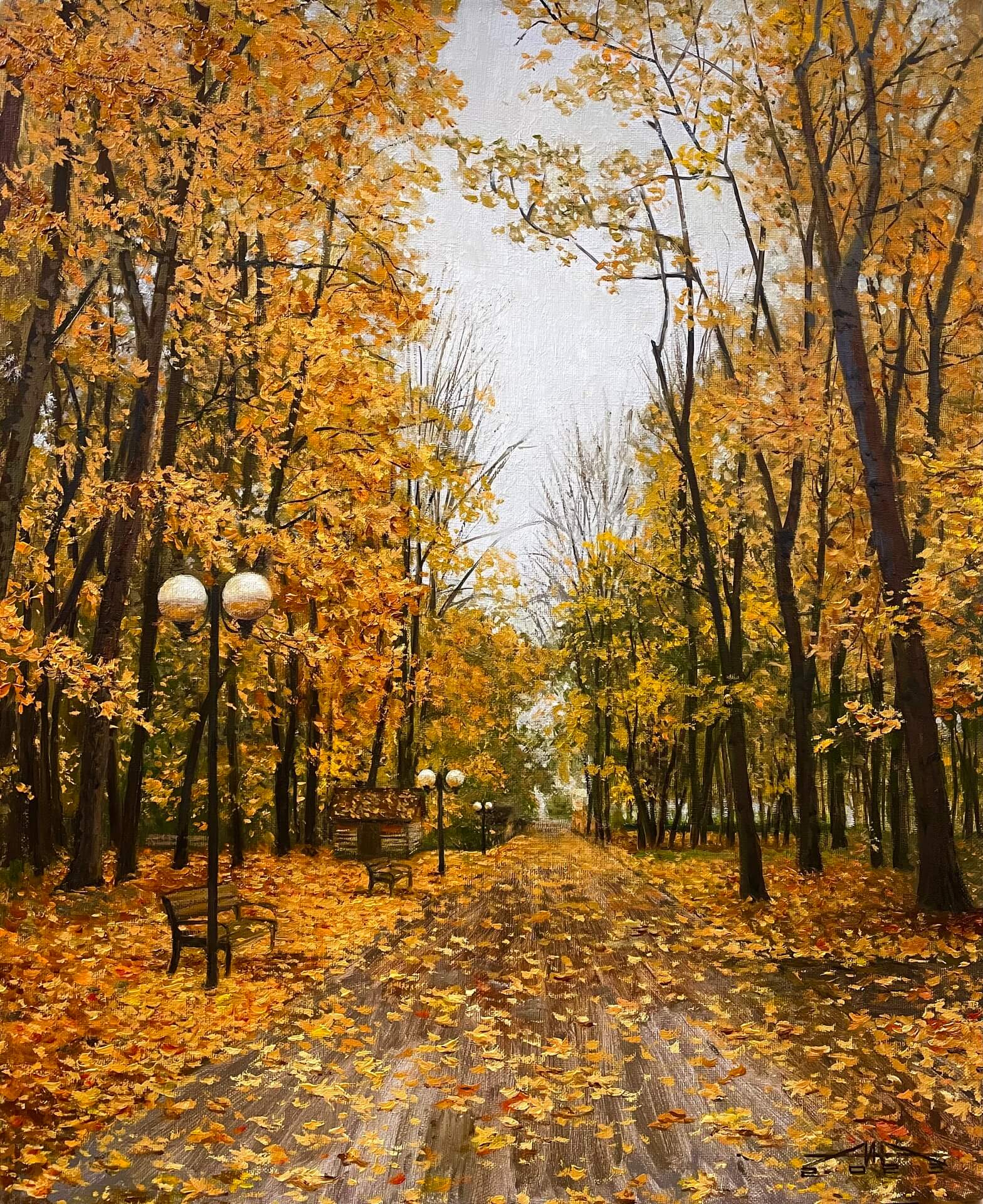 Autumn, autumn in the park, maple leaves, autumn landscape, nature, landscape, oil landscape, painting, oil painting, art, realism, creativity, interior painting, original artwork.