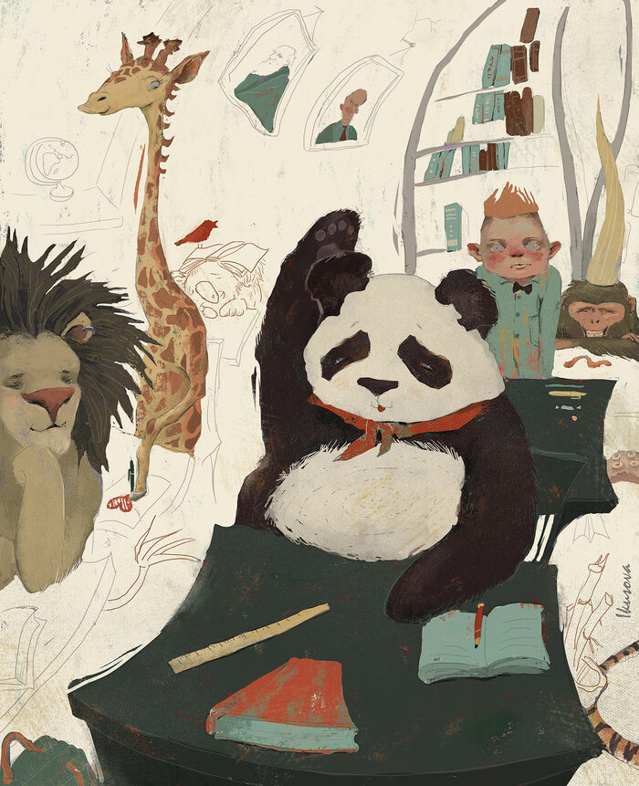 panda school giraffe animals cartoon book learning nastya ikusova illustration hand up lion tables biege green pioneer monkey goofy darvin putin bird red