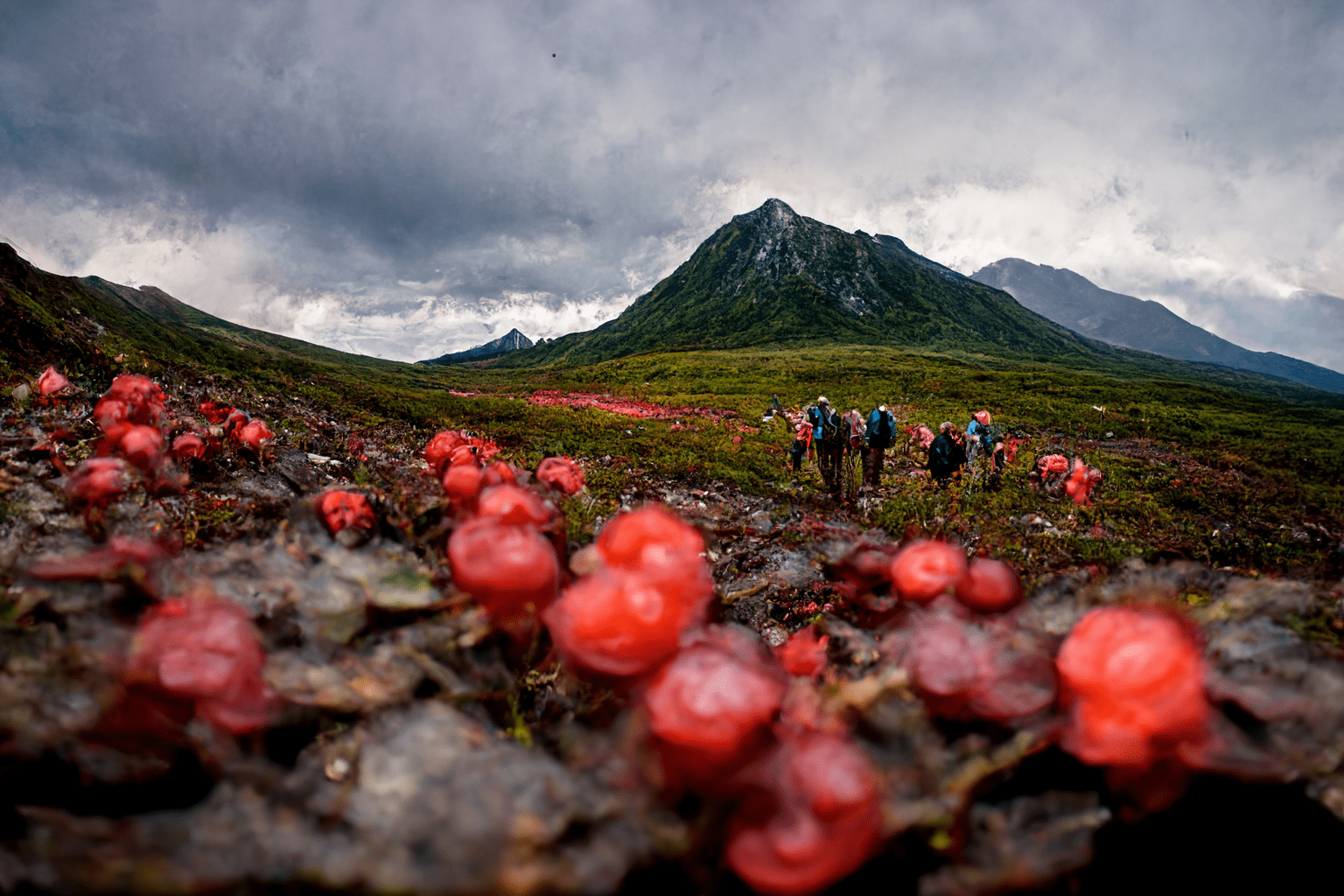 a group of Magadan hikers gathers red bilberry on Kolyma hills, ultrawide