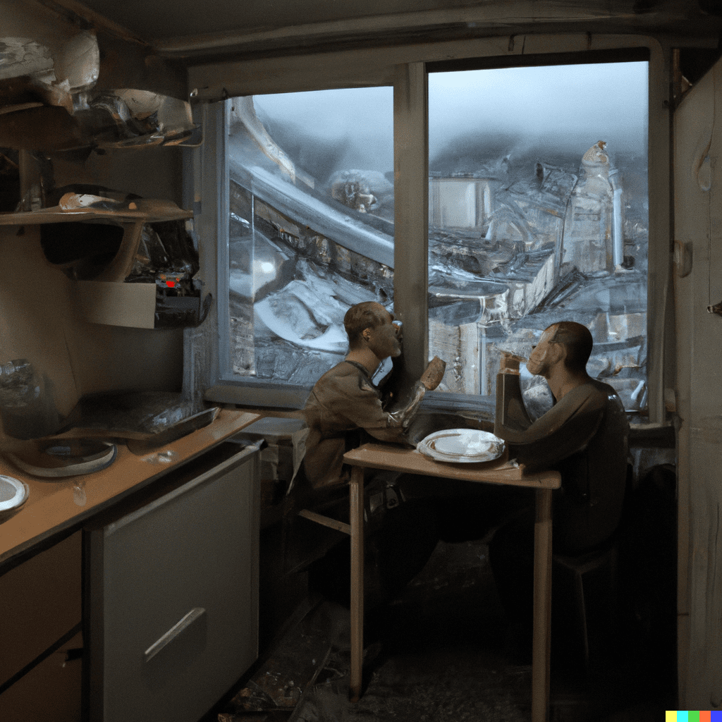 two depressed men sitting inside small kitchen, drinking tea and discussing politics, soviet grey apartments in the window