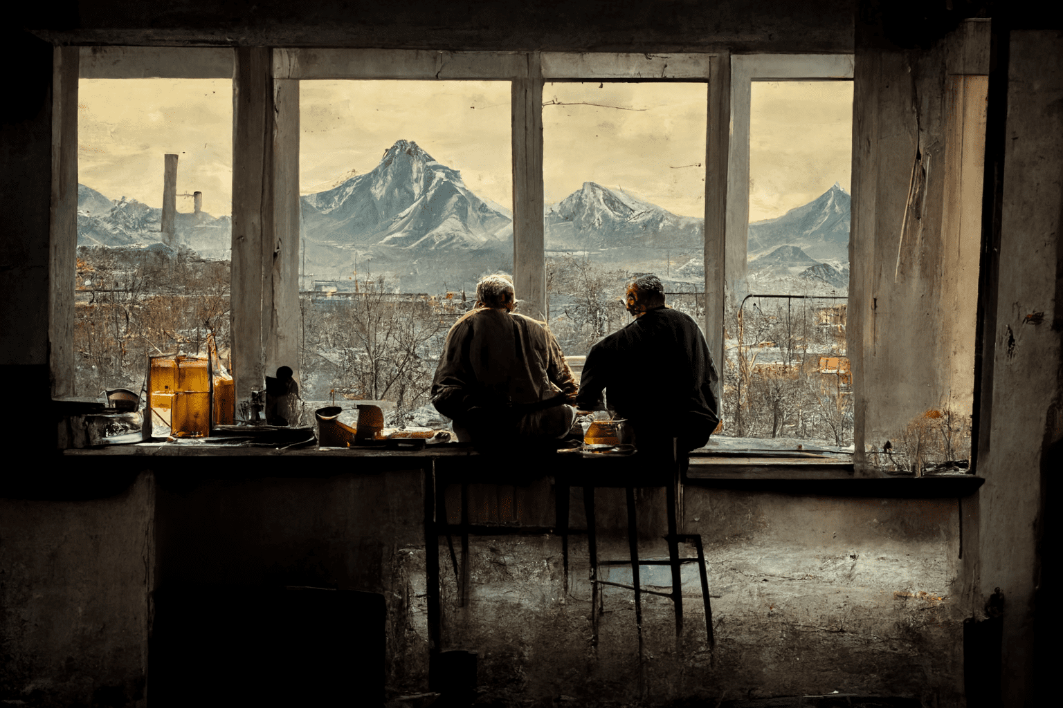 two depressed men sitting inside small kitchen, drinking vodka and discussing politics, soviet grey apartments and mountains in a minuature window in the background, ultrawide shot
