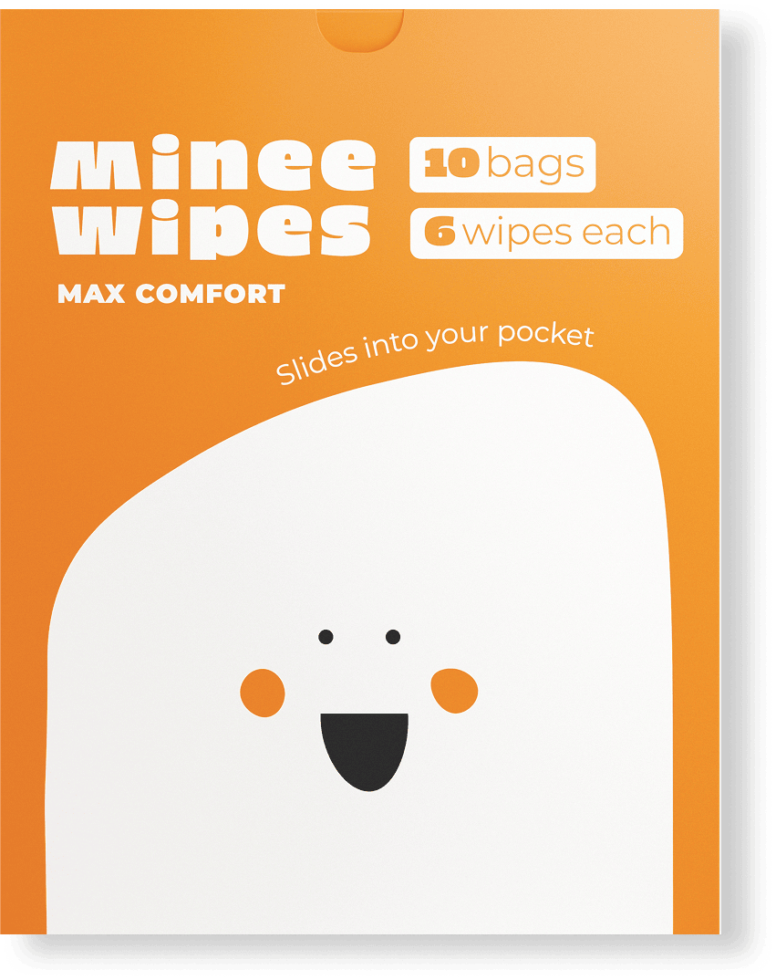 Minee Wipes box with 10 mini packs – bold orange packaging designed for easy storage and travel use