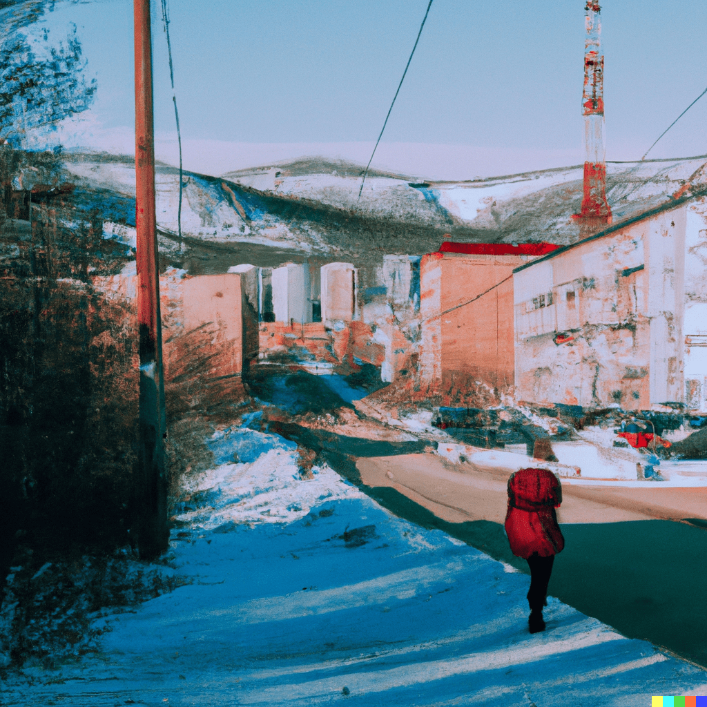 a middle shot of Magadan city, lenina street, people on the street, mountains around, trees, pieter bruegel style 