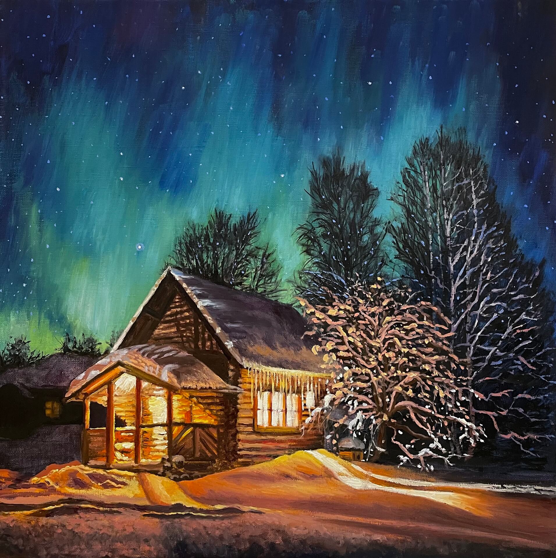Winter landscape, oil painting, nature, snow, Northern Lights, northern landscape, landscape with a village house, night landscape, village houses, art, realism, creativity, interior painting, original artwork.