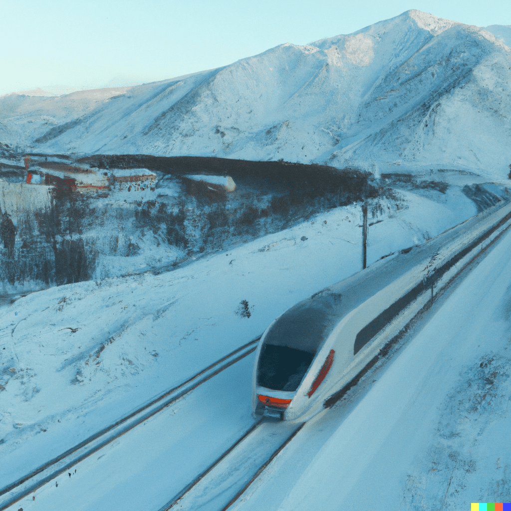 a futuristic train arrives to magadan city, snow and hills around