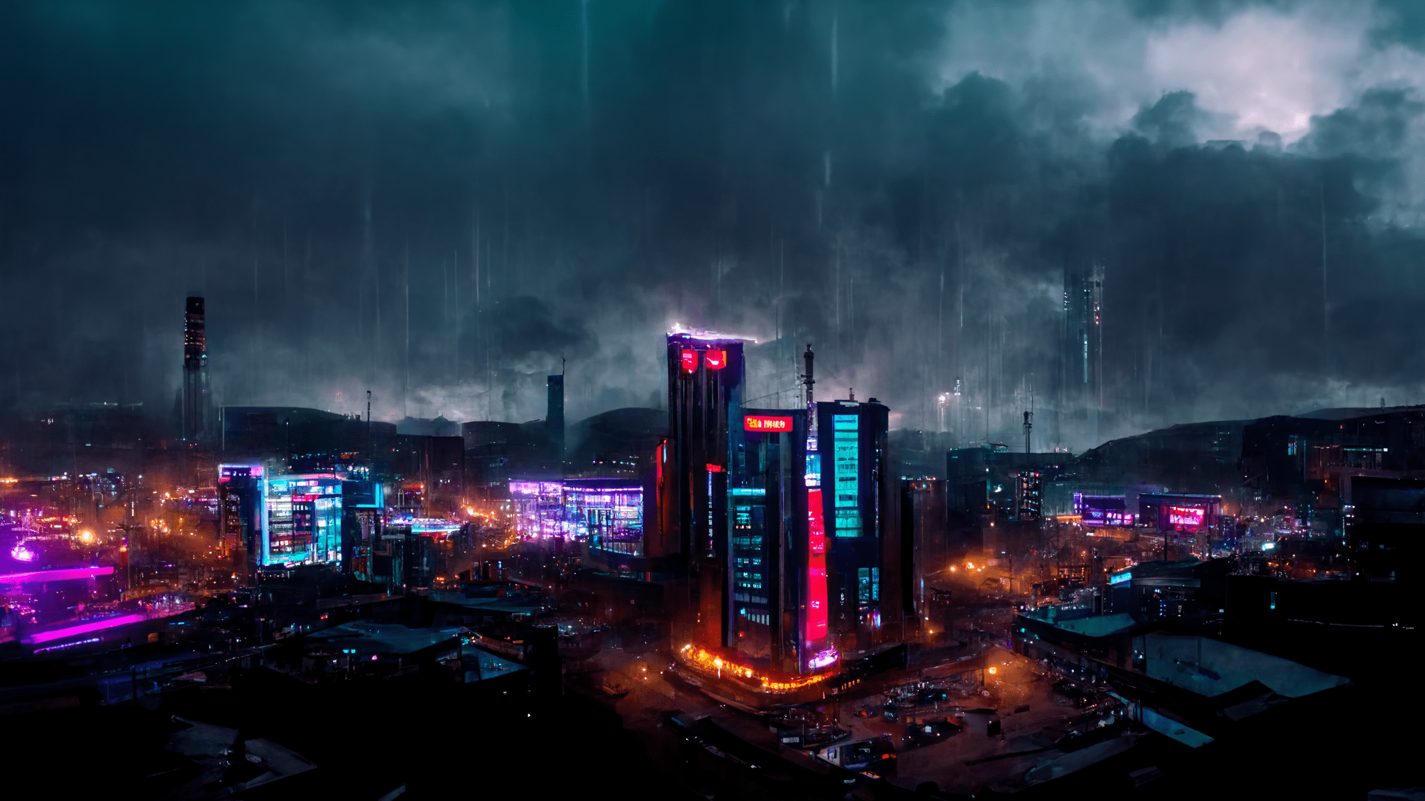 Magadan city in future, drone shot, skyscrapers, rain, neon lights, dark cyberpunk style