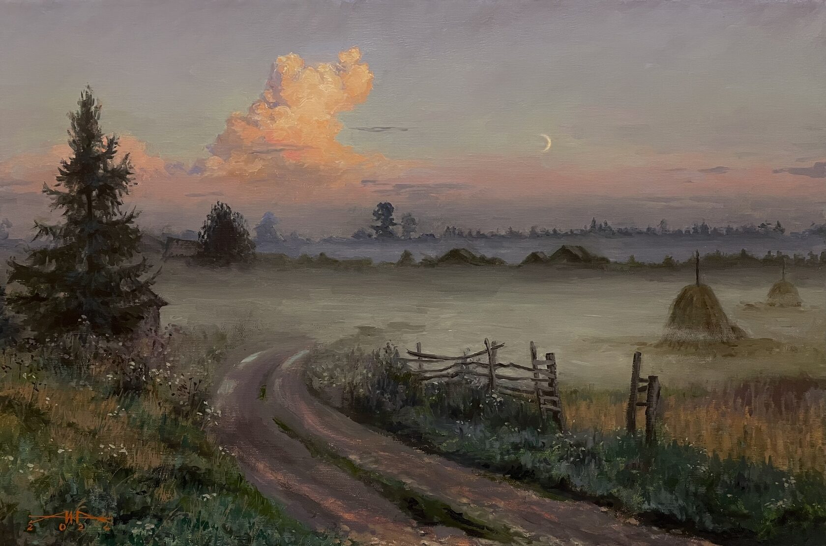 landscape, oil painting, sunset, sunset, nature, evening landscape, sunset landscape, art, art, realism, creativity, interior painting, author's work, summer landscape, paintings, haystacks, fog, Russian village, clouds, rustic landscape, Russian field, Russia.