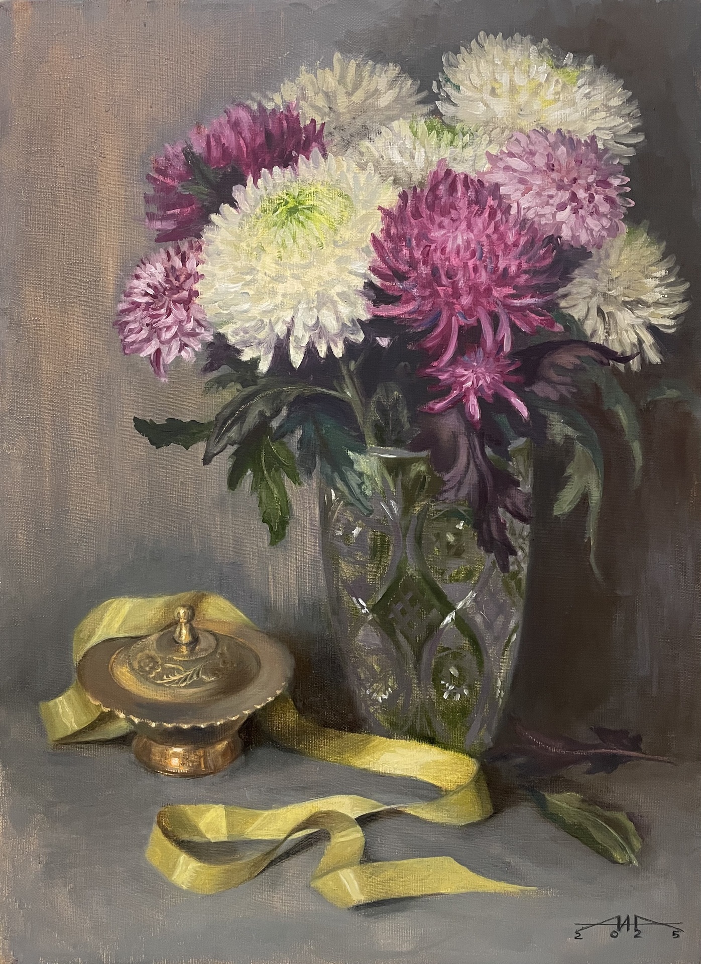 Still life, oil painting, oil painting, bouquet of chrysanthemums, still life with chrysanthemums, chrysanthemums, still life with flowers, art, realism, interior painting, author's work