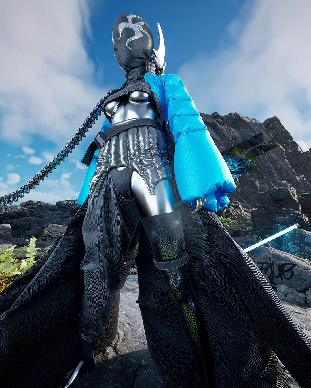 Аватар в цифровой одежде с металлической длинной косой