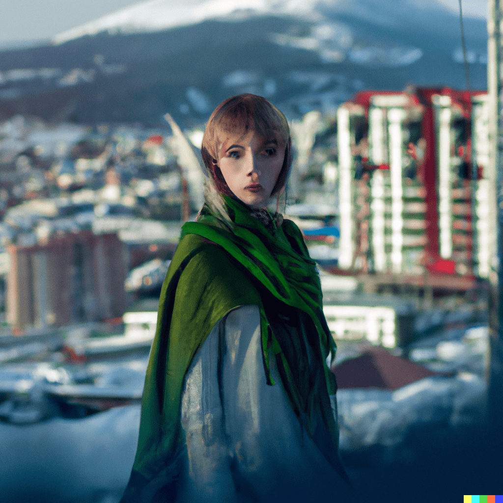 A portrait of an elf in Magadan city, soviet apartments and mountains in the background, fantasy dreamy style