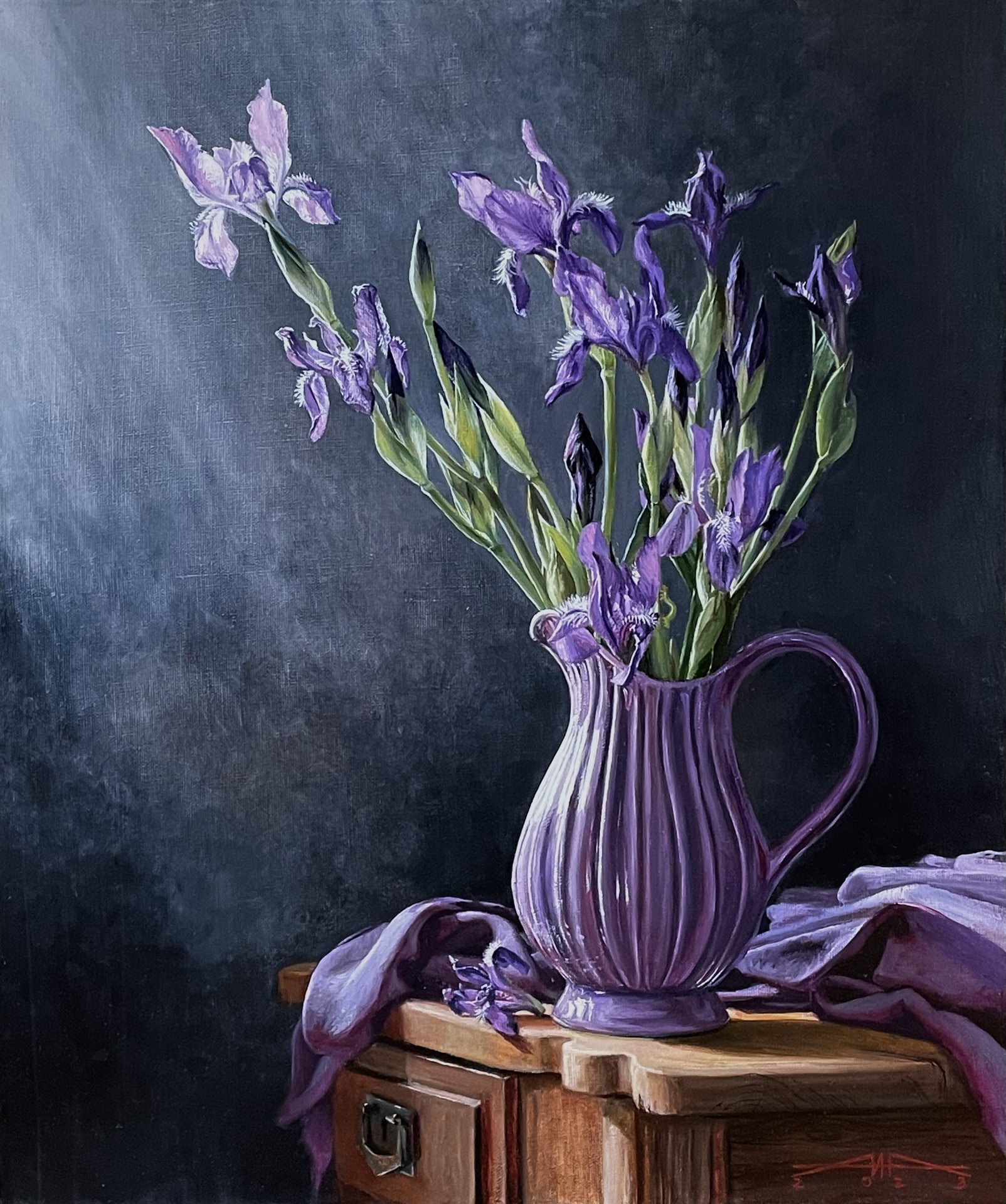 Still life, oil painting, oil on canvas, still life with irises, irises, still life with flowers, art, realism, creativity, interior painting, original artwork.