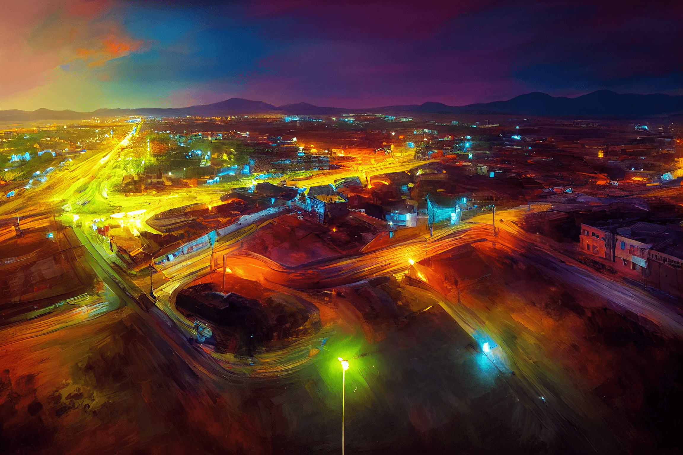 a night ultrawide drone view on Magadan city, Lenina Street, impressionist style, very colorful