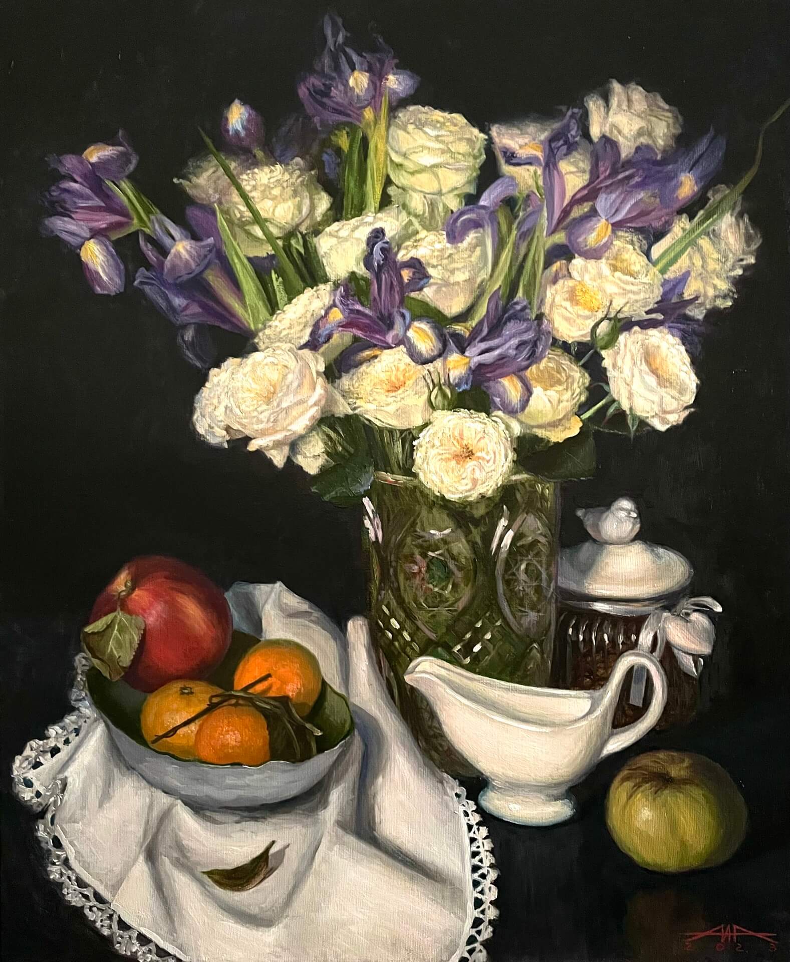 Still life, oil painting, oil on canvas, still life with white roses, still life on a dark background, still life with roses, roses, white roses, still life with flowers, art, realism, creativity, interior painting, original artwork.