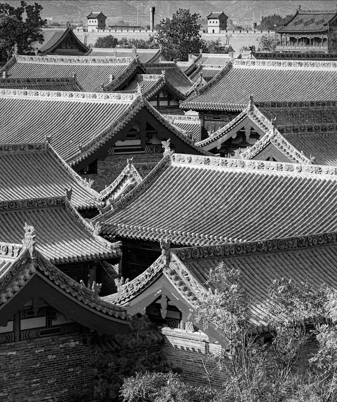 Чёрно-белая фотография традиционной китайской архитектуры с множеством сложных крыш, покрытых черепицей. Крыши украшены декоративными элементами, такими как фигурки вдоль краёв. На переднем плане видны деревья, создающие ощущение природной гармонии, а на заднем плане — стены и постройки, уходящие в горизонт. Композиция подчеркивает красоту и богатство деталей традиционной китайской архитектуры. 