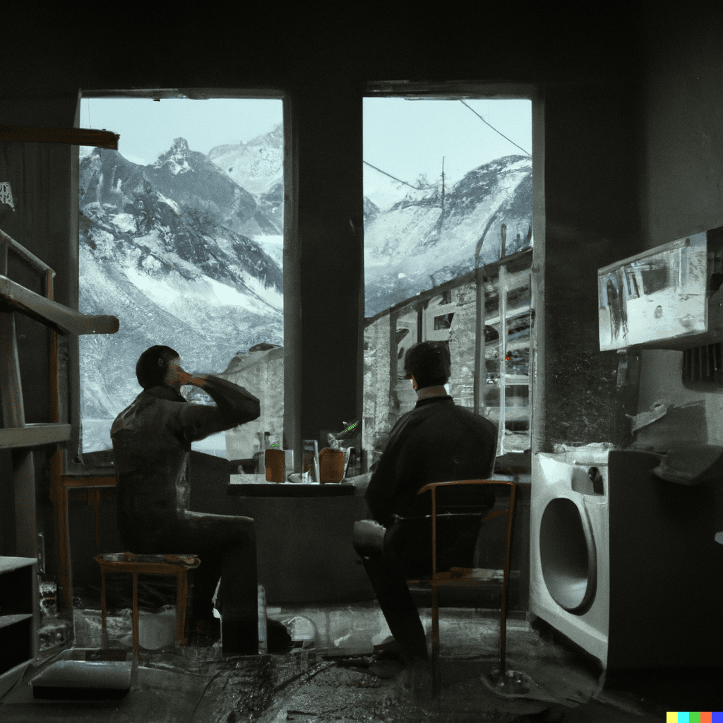 two depressed men sitting inside small kitchen, drinking tea and discussing politics, soviet grey apartments in the window