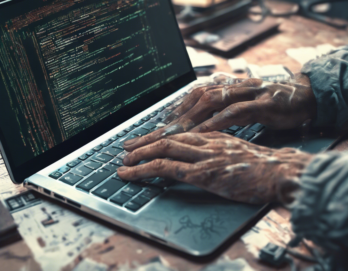 крупный план рук разработчика, программирующего на ноутбуке, виден HTML и CSS код