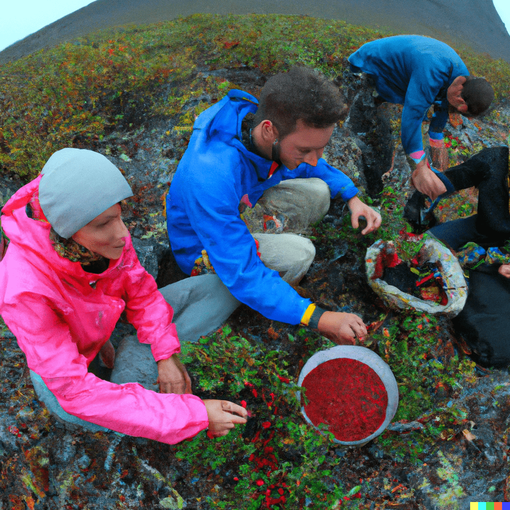 a photo of group of Magadan hikers gathers red bilberry on Kolyma hills, ultrawide