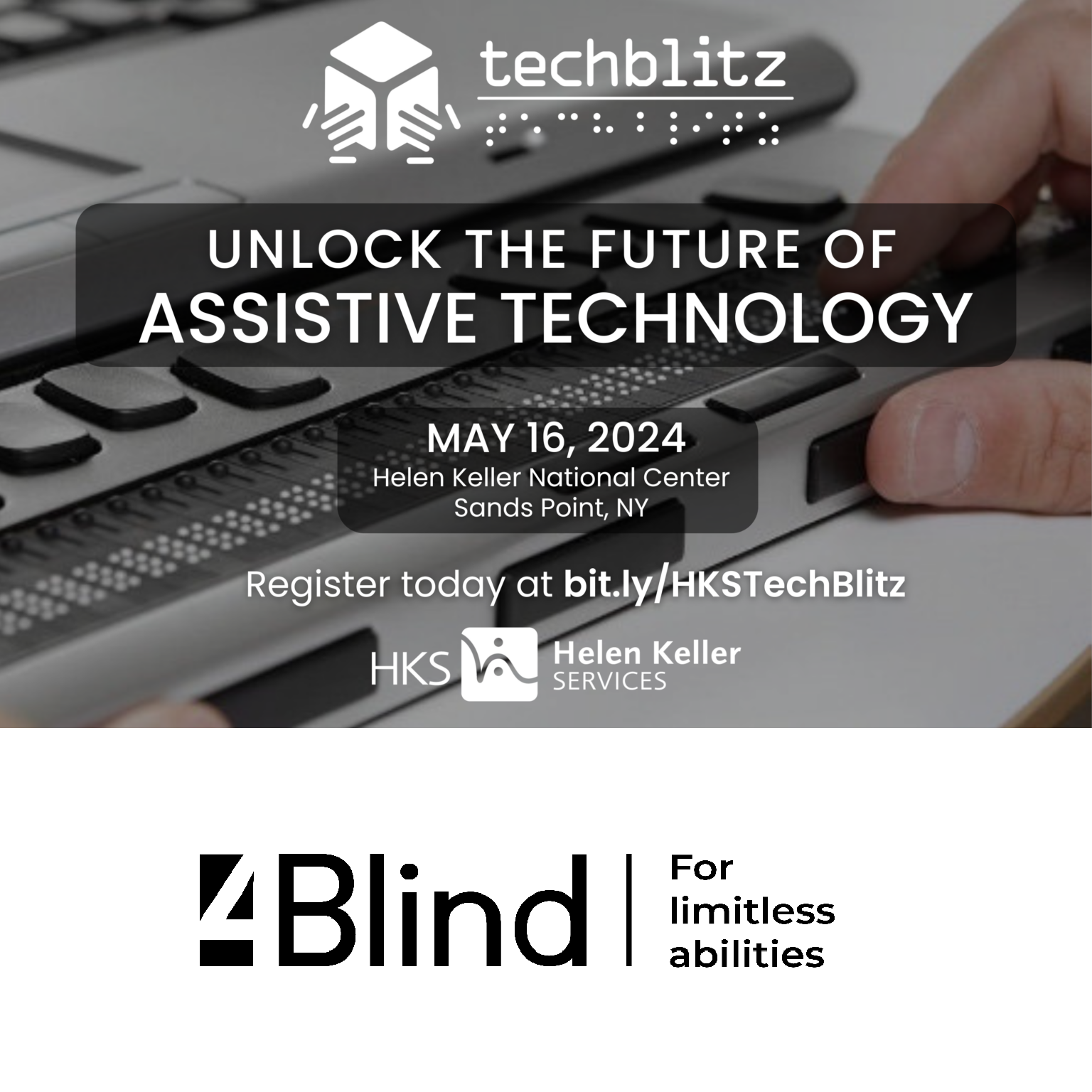 TechBlitz information and logo, 4Blind logo, Braille Display on a background