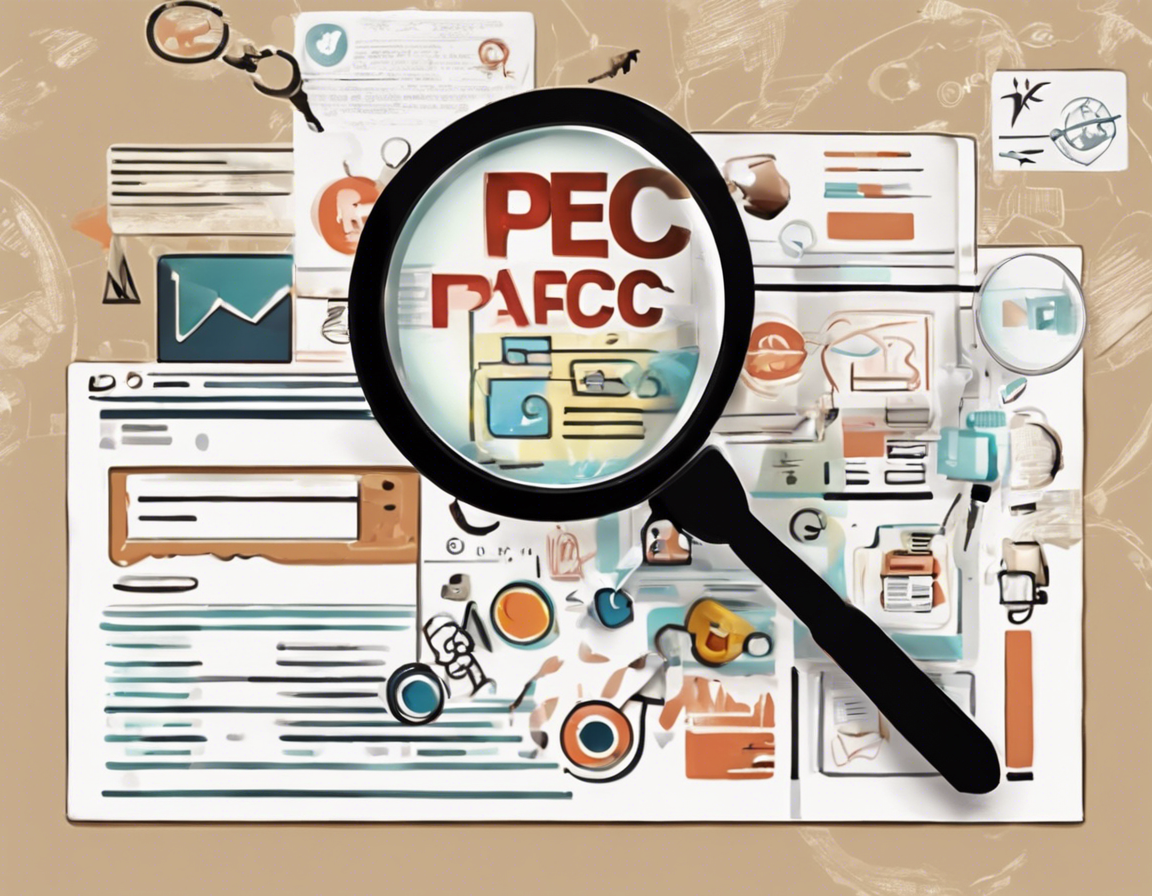 лупа над веб-страницей с иконками SEO и PPC вокруг