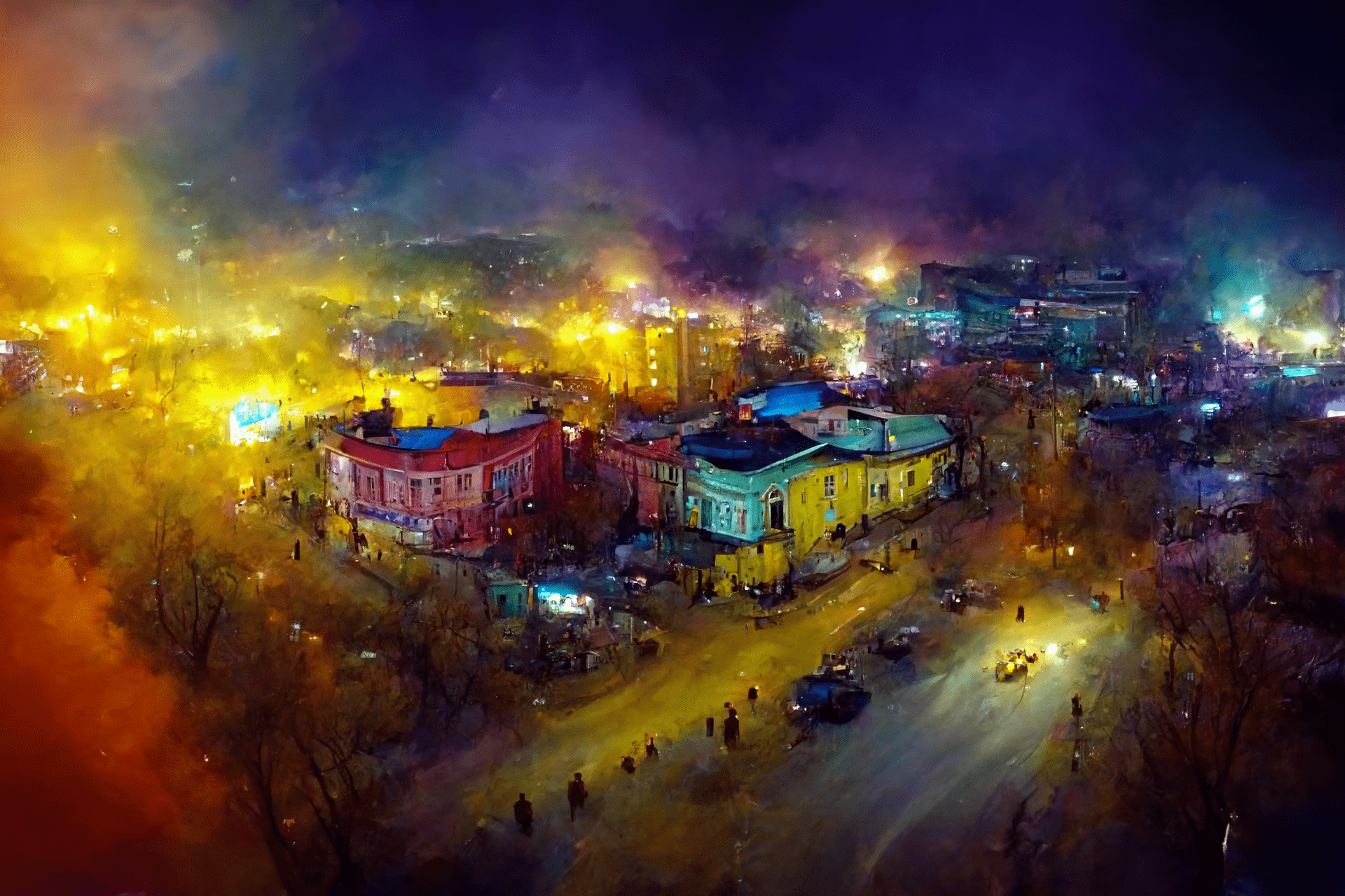 a night ultrawide drone view on Magadan city, Lenina Street, impressionist style, very colorful
