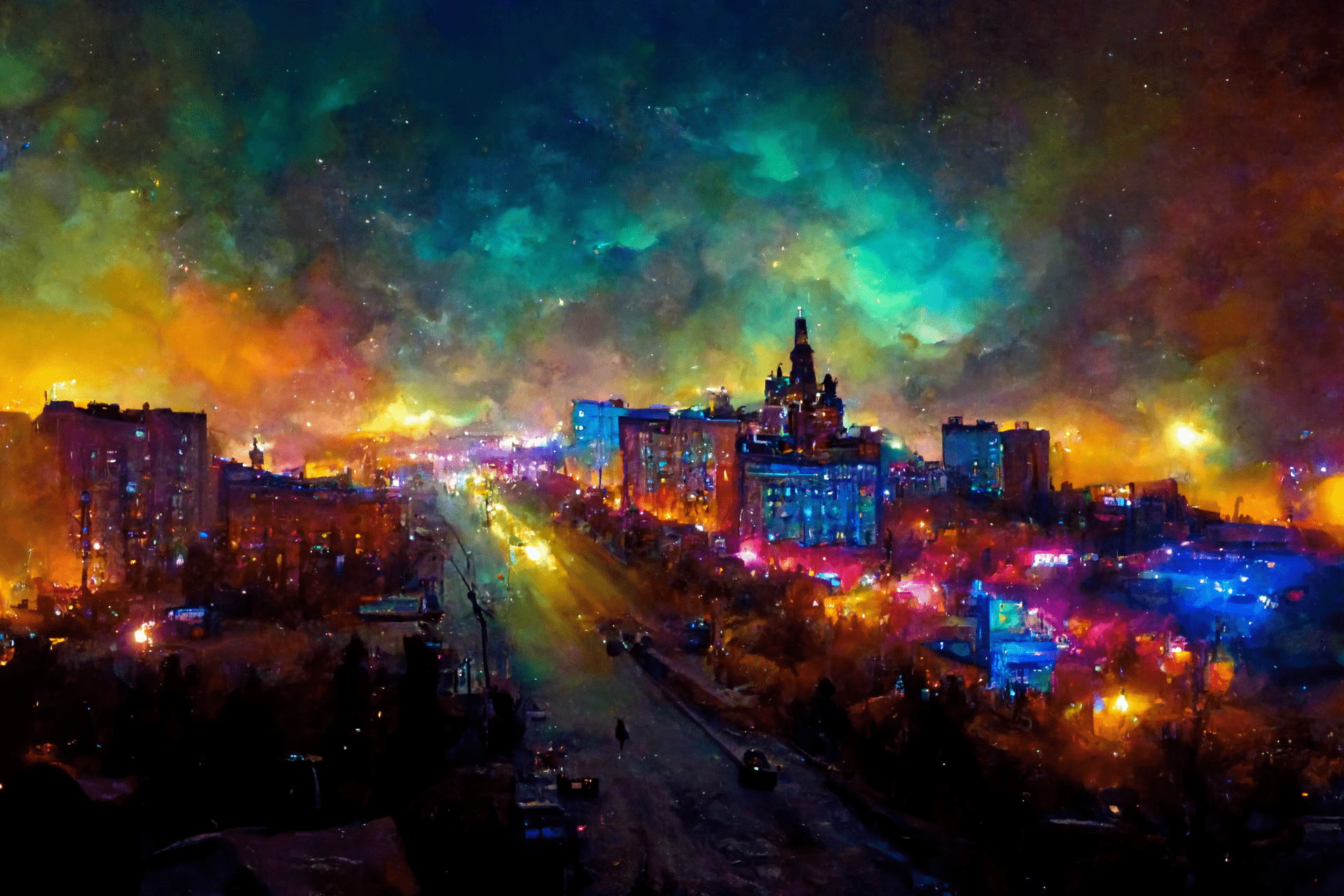 a night ultrawide drone view on Magadan city, Lenina Street, impressionist style, very colorful 