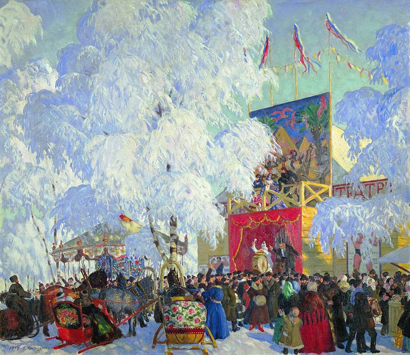 Б. М. Кустодиев. Балаганы, 1917. Холст, масло. 80 х 93 см. Государственный Русский музей, Санкт-Петербург