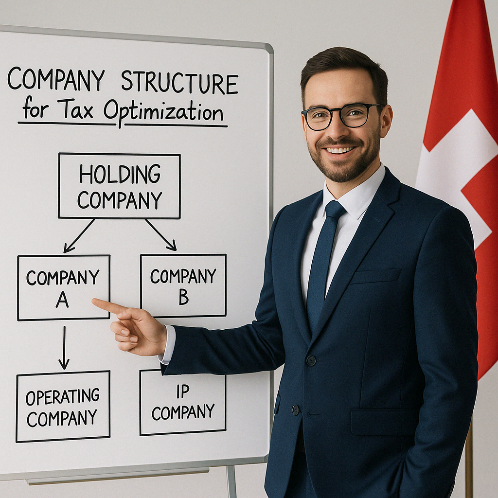 Un entrepreneur suisse présente sur un tableau blanc une structure d’entreprise à trois entités pour l’optimisation fiscale