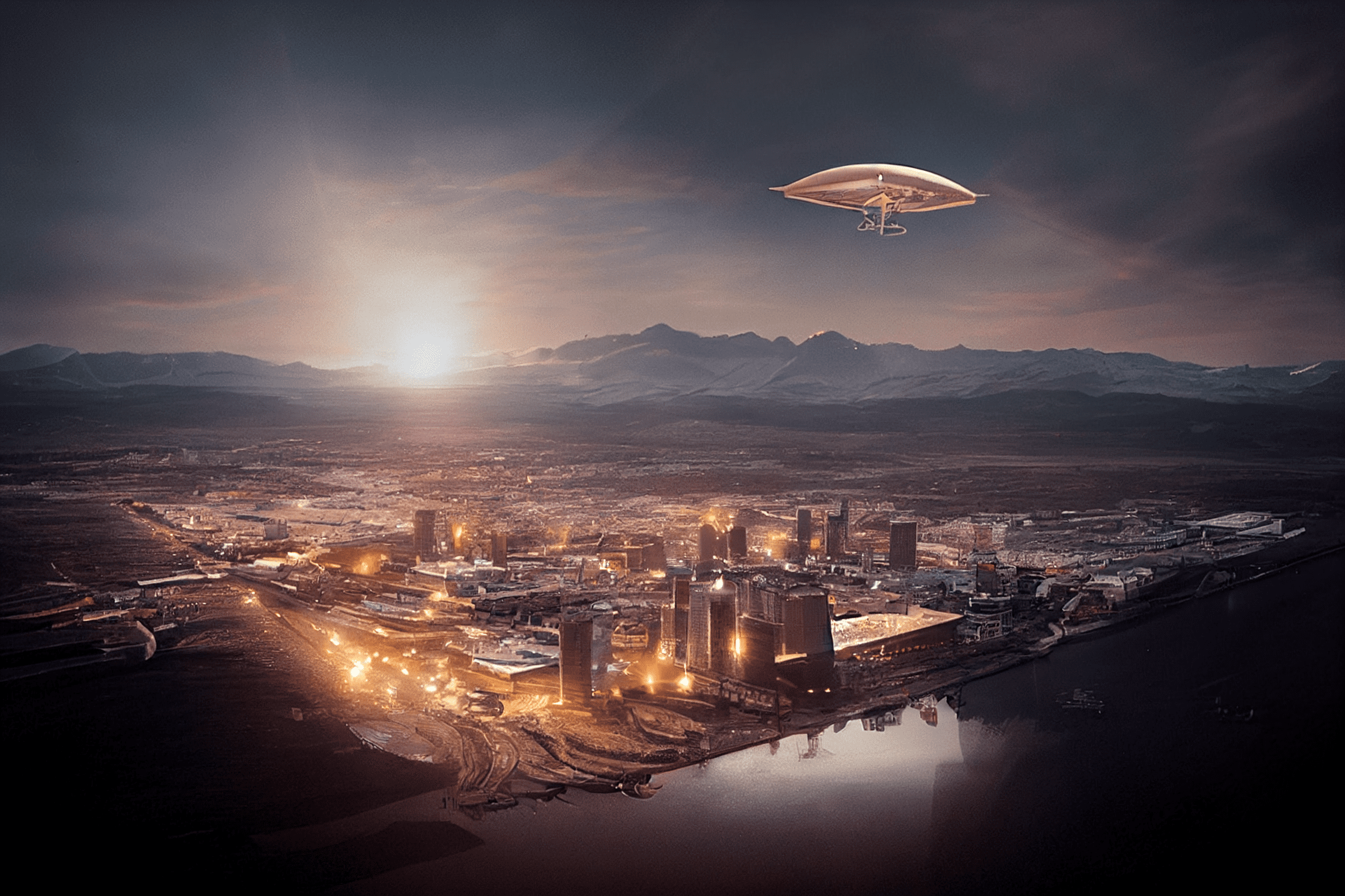 a big zeppelin flying above Magadan city, Ultra-Wide Angle, Drone Footage, intricate, high detail, cinematic lighting, hyper-realistic