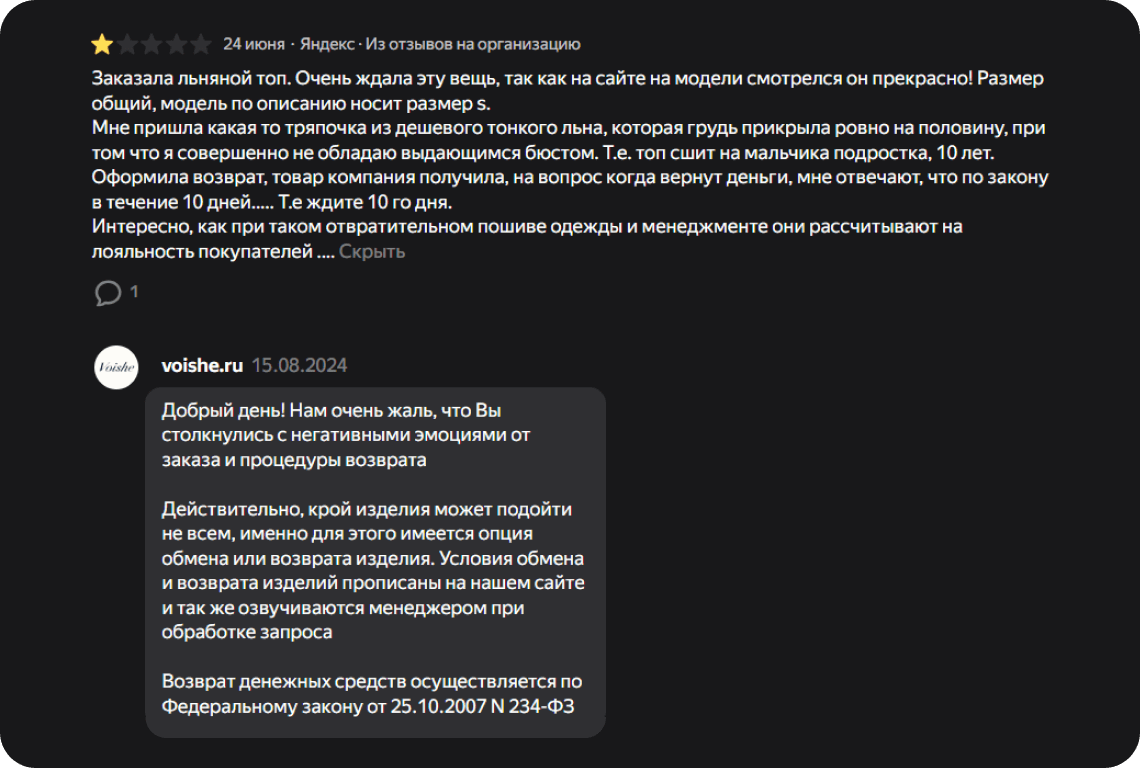 Пример грамотного ответа на негативный отзыв