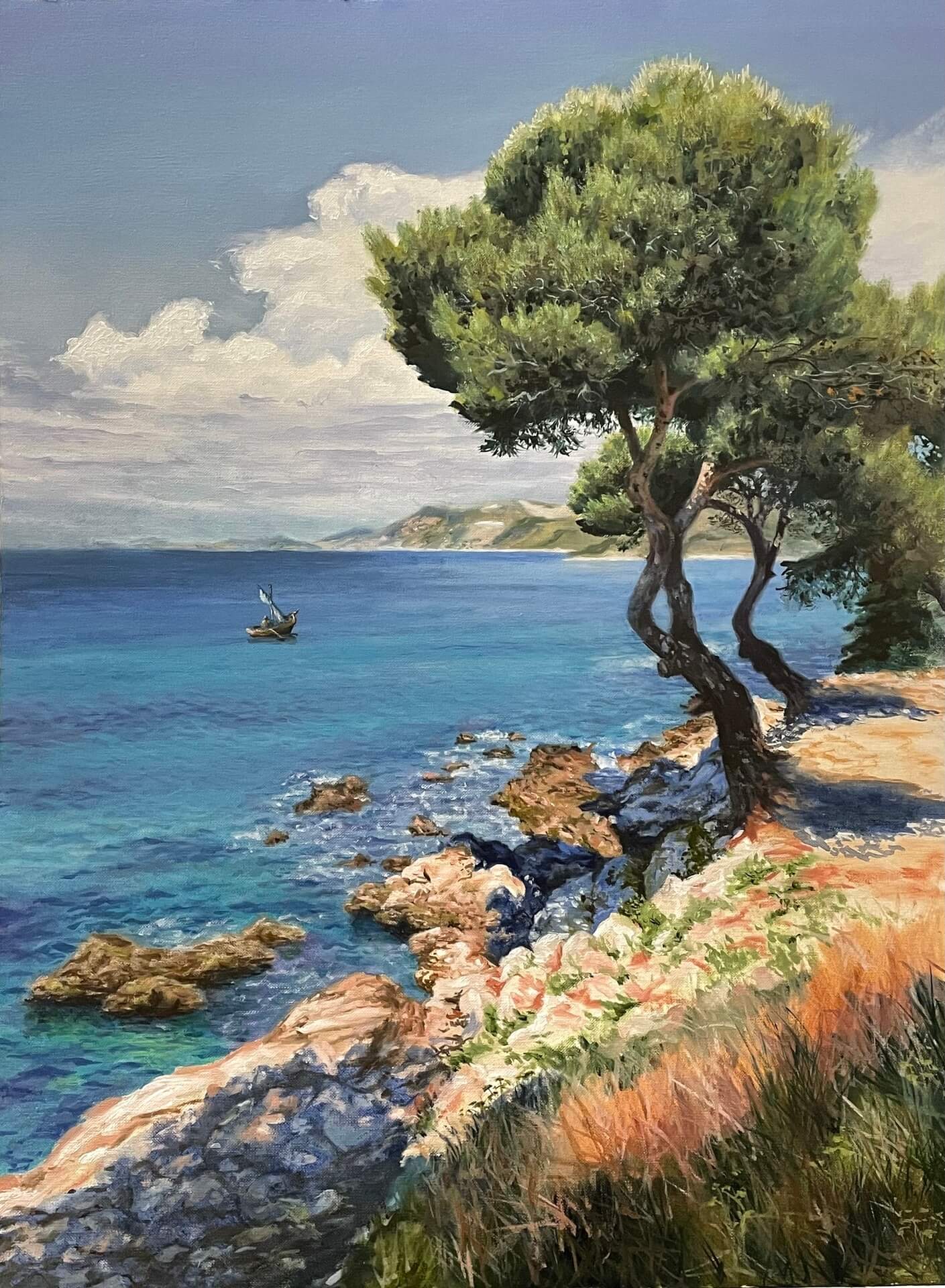 Sea, seascape, Croatia, pine trees, rocky shore, landscape, oil landscape, painting, oil painting, art, realism, creativity, interior painting, original artwork.