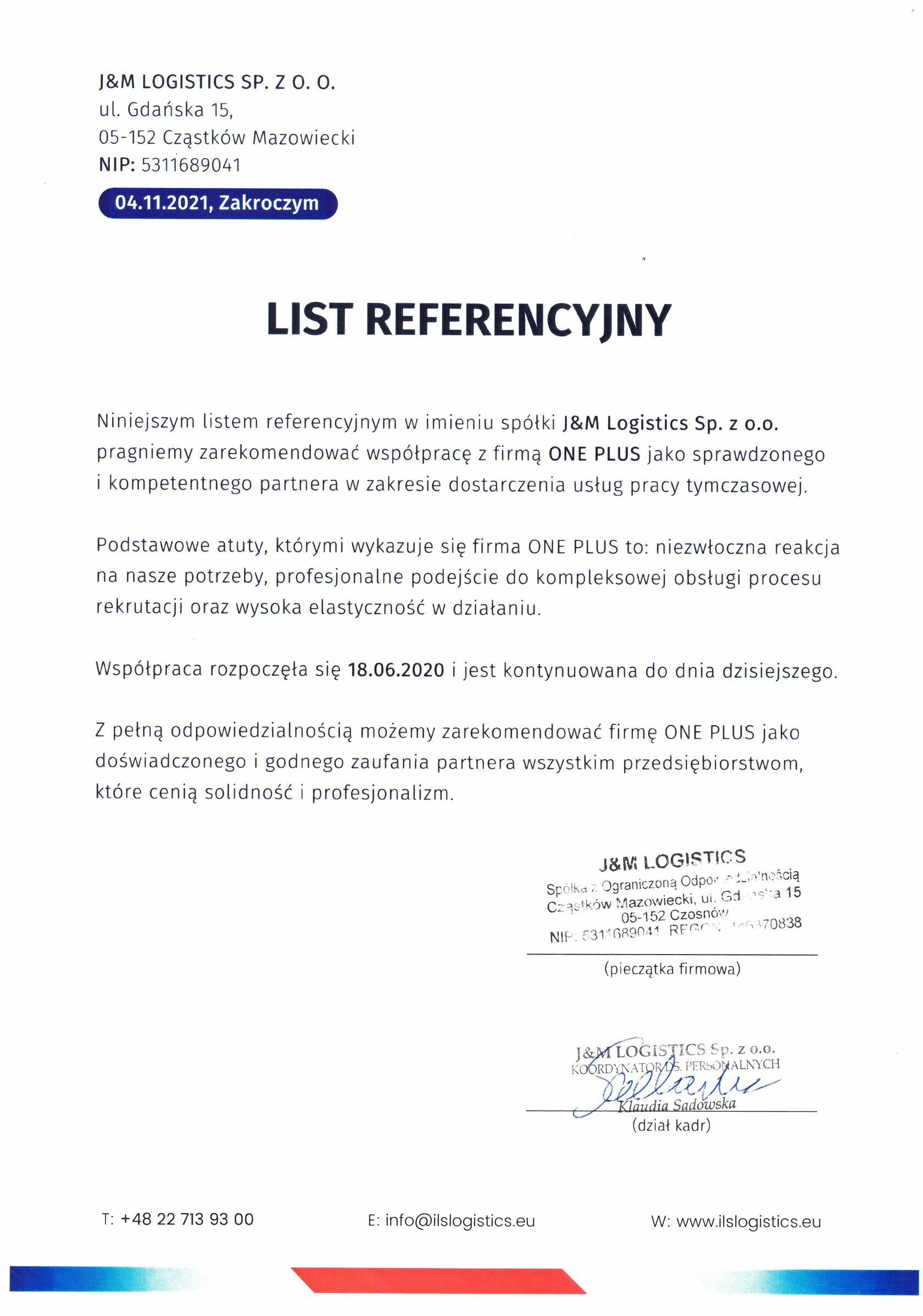 Certyfikat rzetelności ONE PLUS Sp. z o.o.