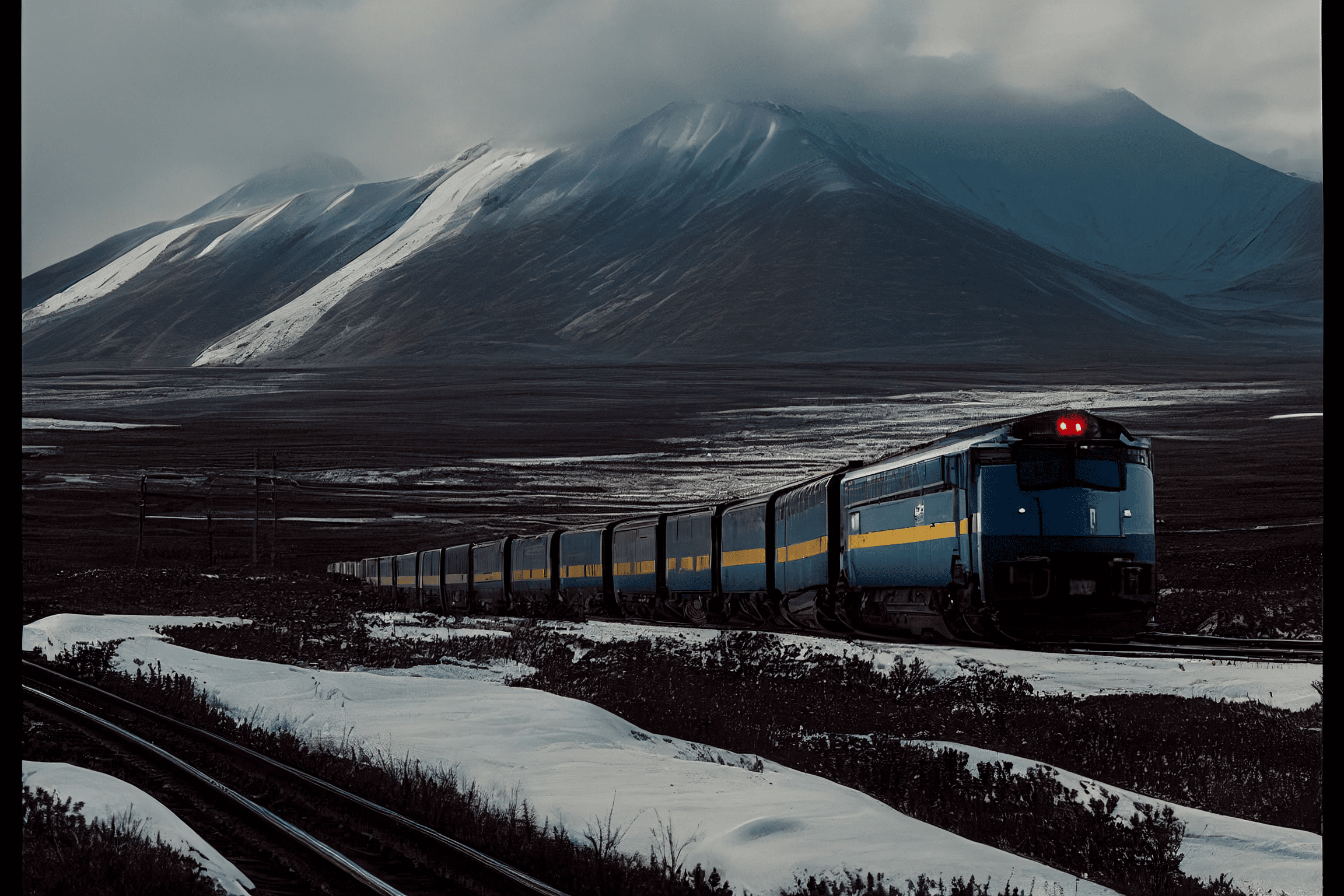a modern japanese train moving through tundra, magadan region, snow and mountains around, ultra wide shot