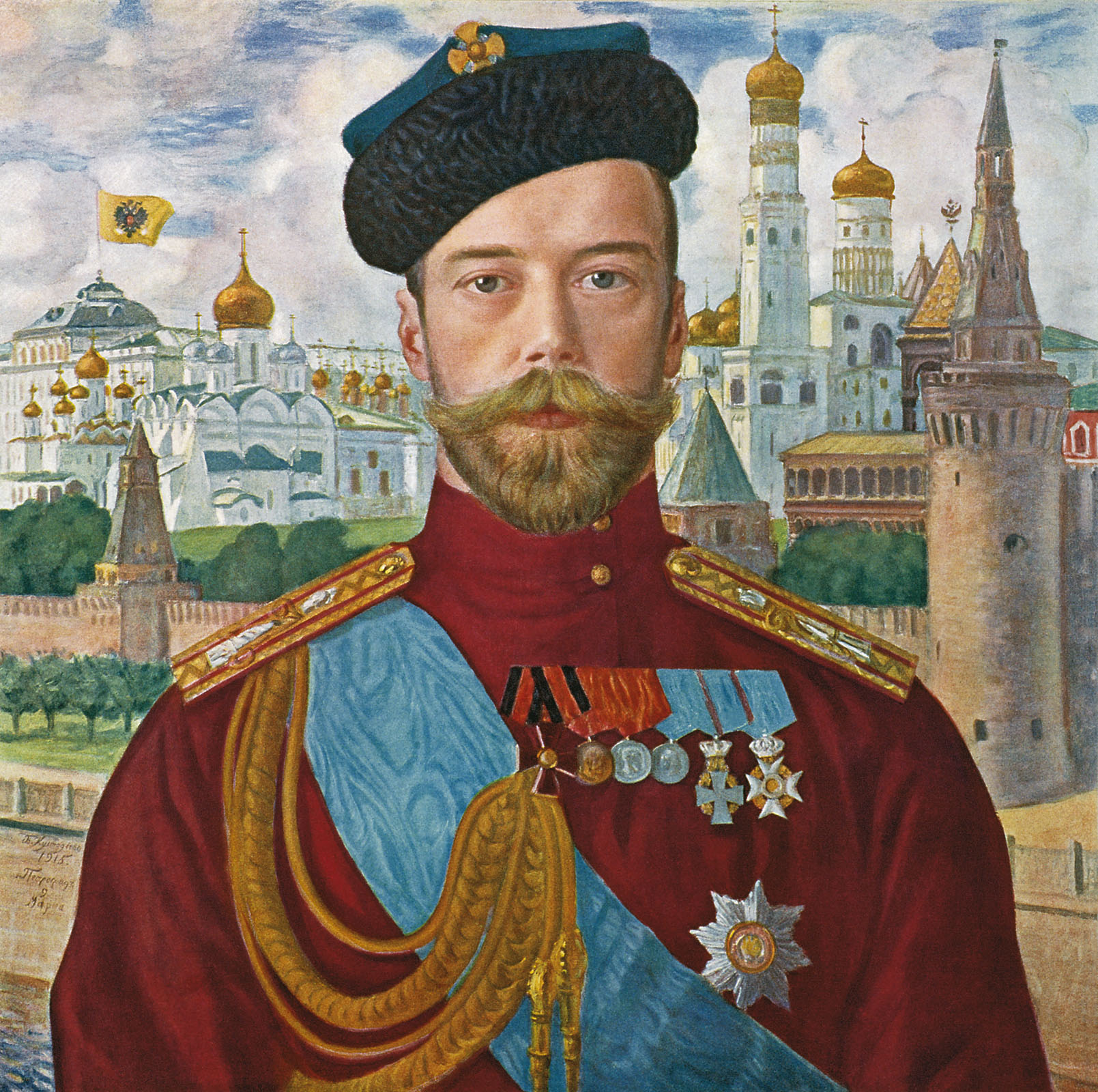 Б. М. Кустодиев. Его Императорское Величество Государь Император Николай Александрович Самодержец Всероссийский. 1915. Хромолитография. 24,5х24,8 см. Государственный Русский музей, Санкт-Петербург