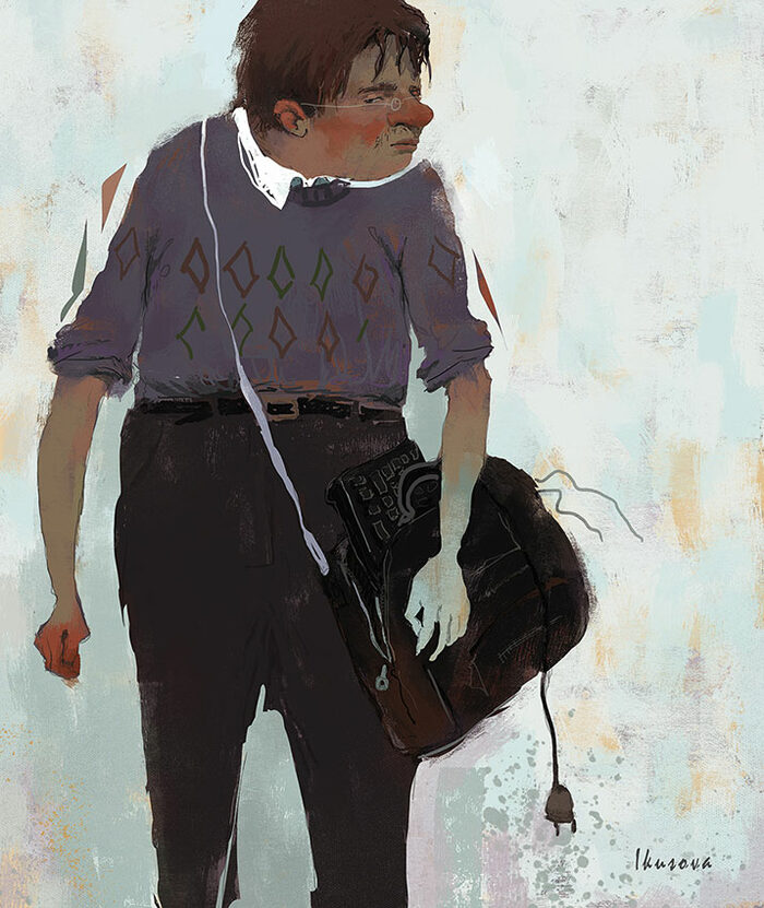 man shy keyboard blue background bag black red nose cheeks dark hair brown pants wire