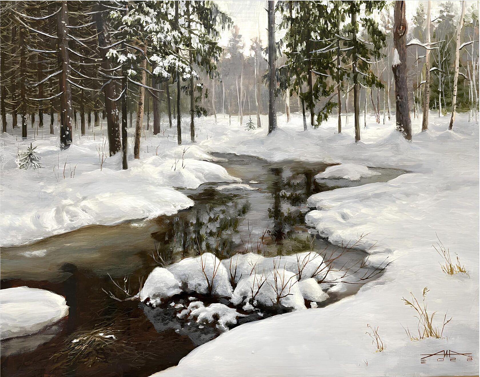 Winter landscape, oil painting, nature, snow, spring, transition from winter to spring, forest landscape, landscape with river, art, realism, creativity, interior painting, original artwork.
