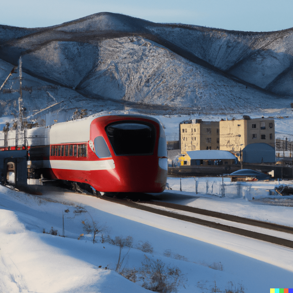 a futuristic train arrives to magadan city, snow and hills around